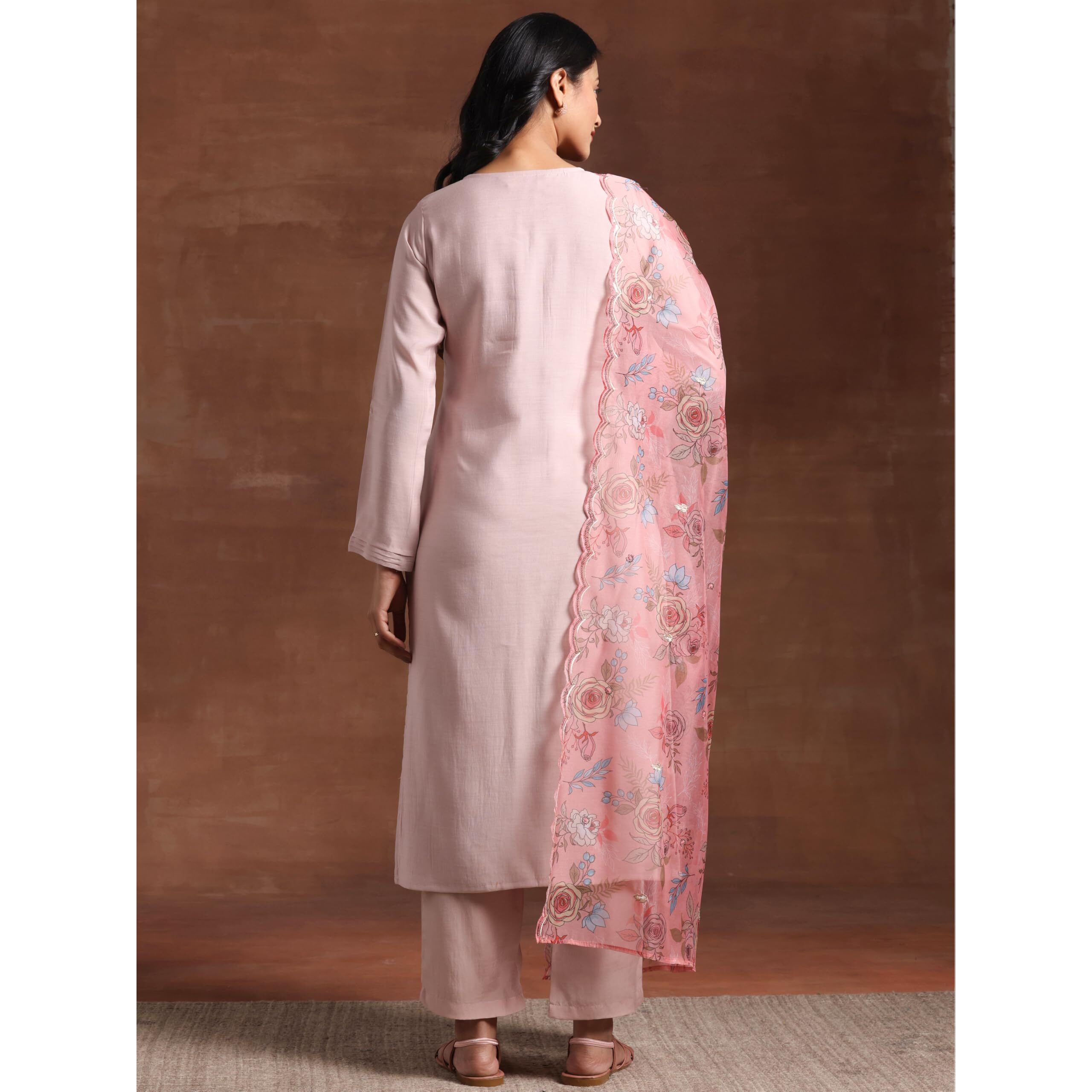 Libas Womens Yoke Design Silk Blend Straight Kurta With Trousers And Dupatta