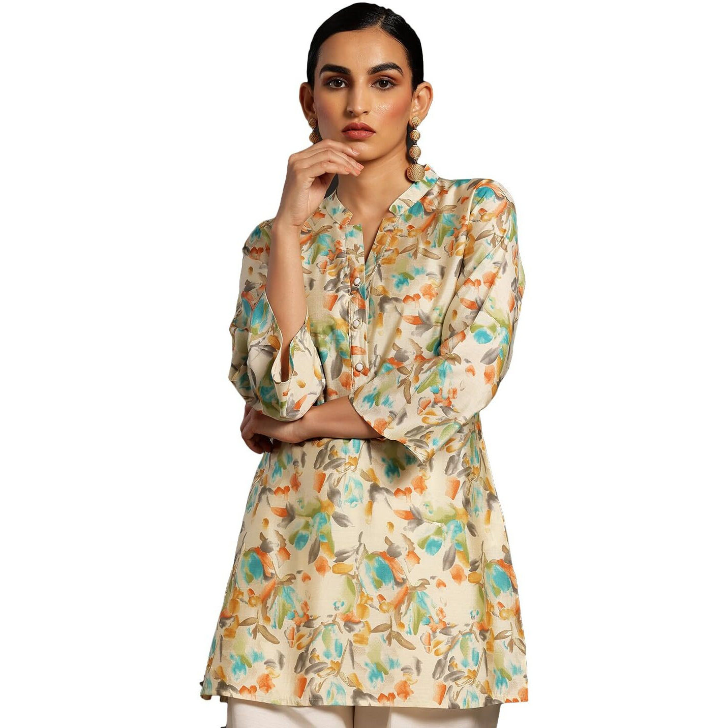Libas Women's Silk Blend Printed Straight Kurtis (37082_Beige