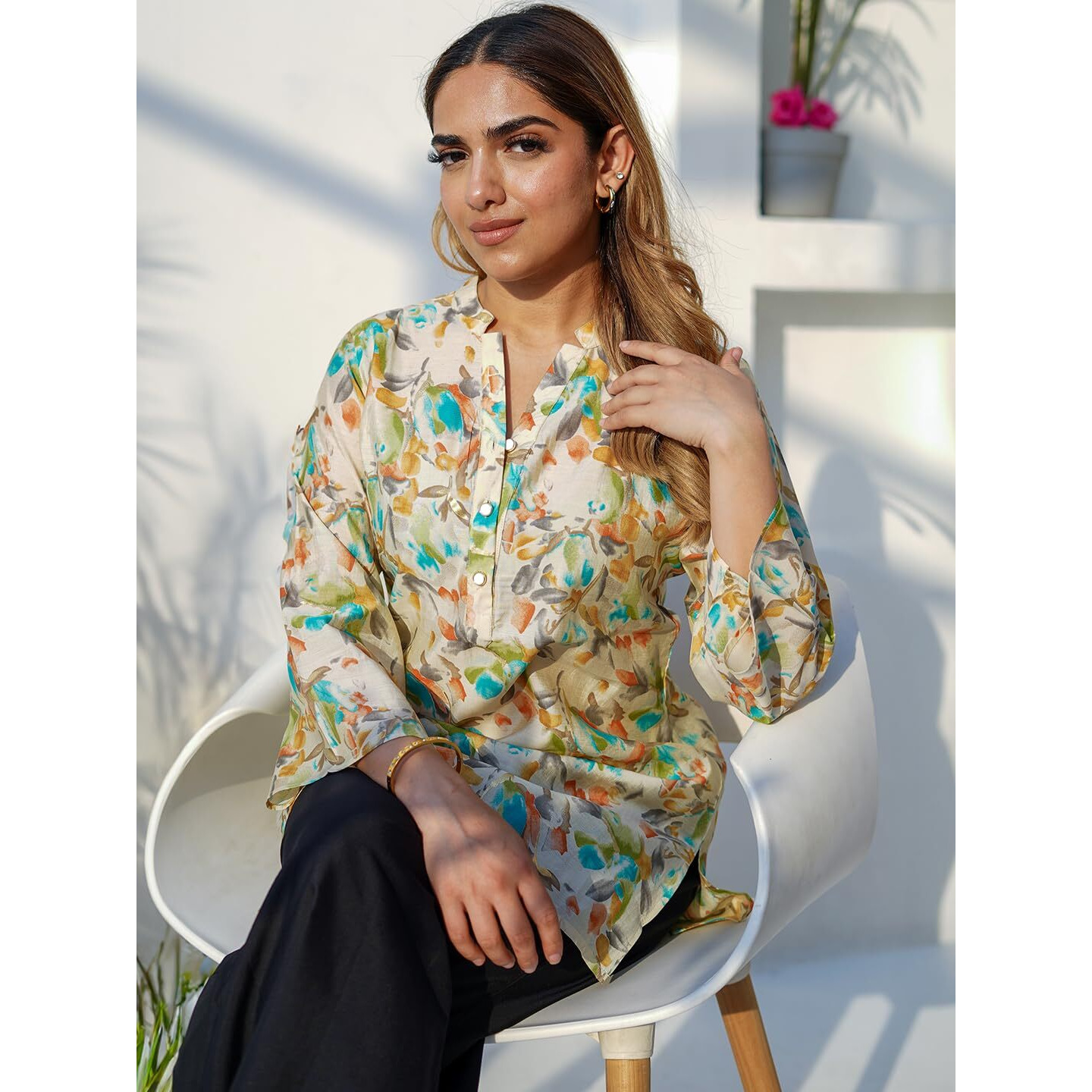 Libas Women's Silk Blend Printed Straight Kurtis (37082_Beige