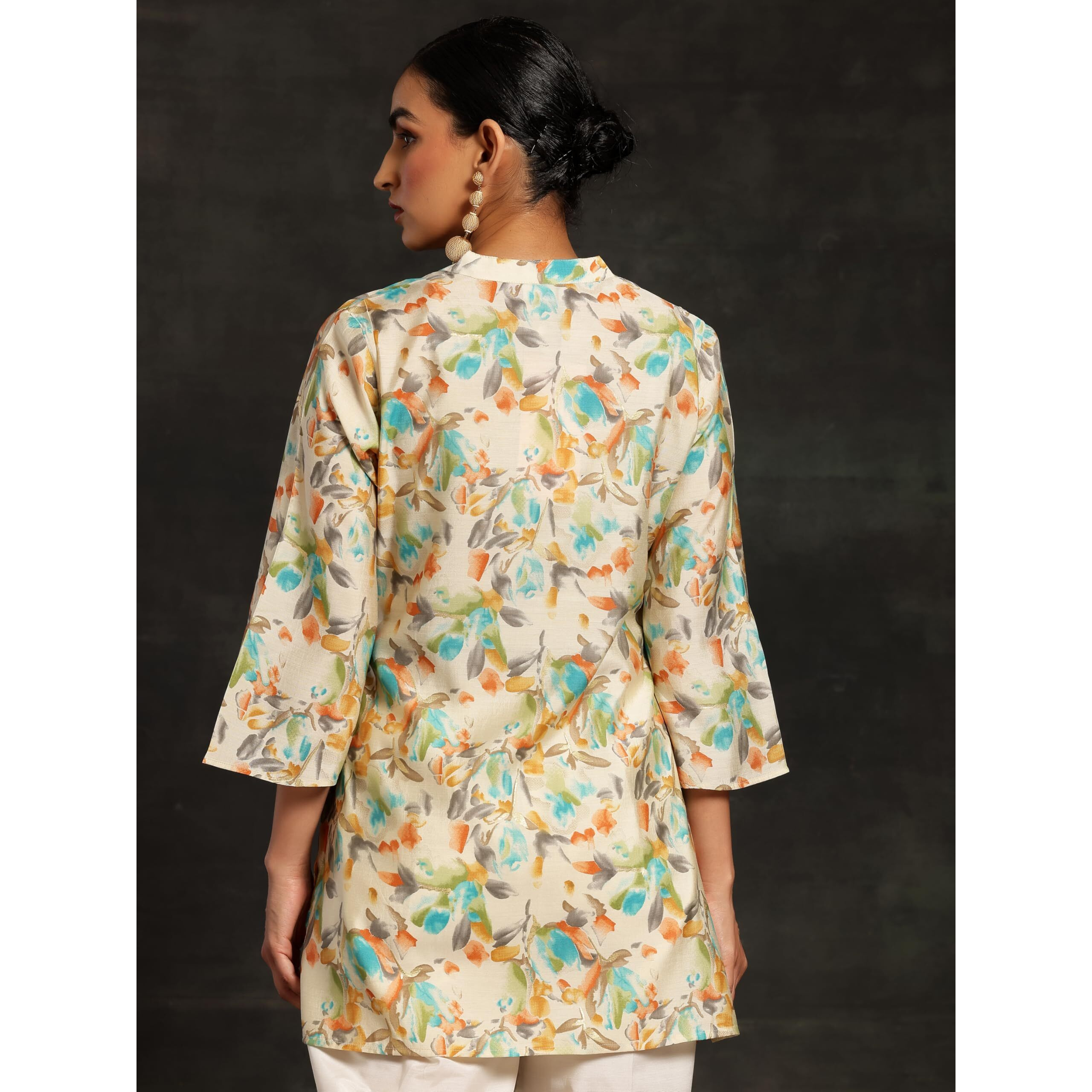 Libas Women's Silk Blend Printed Straight Kurtis (37082_Beige