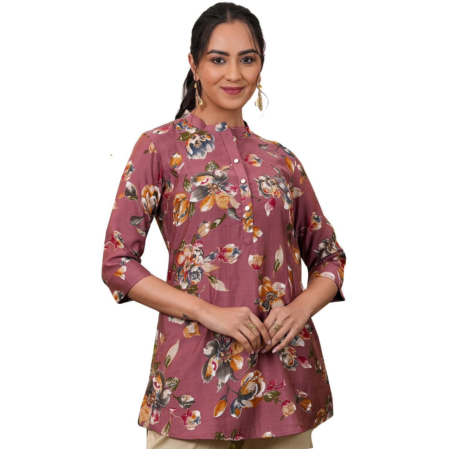 Libas Women's Silk Blend Printed A-Line Kurtis (37074_Pink