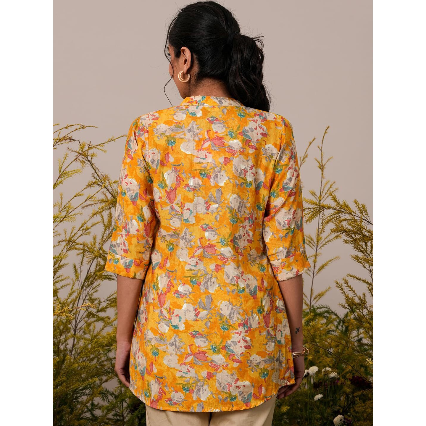 Libas Women's Silk Blend Printed A-Line Kurtis (37073_Yellow