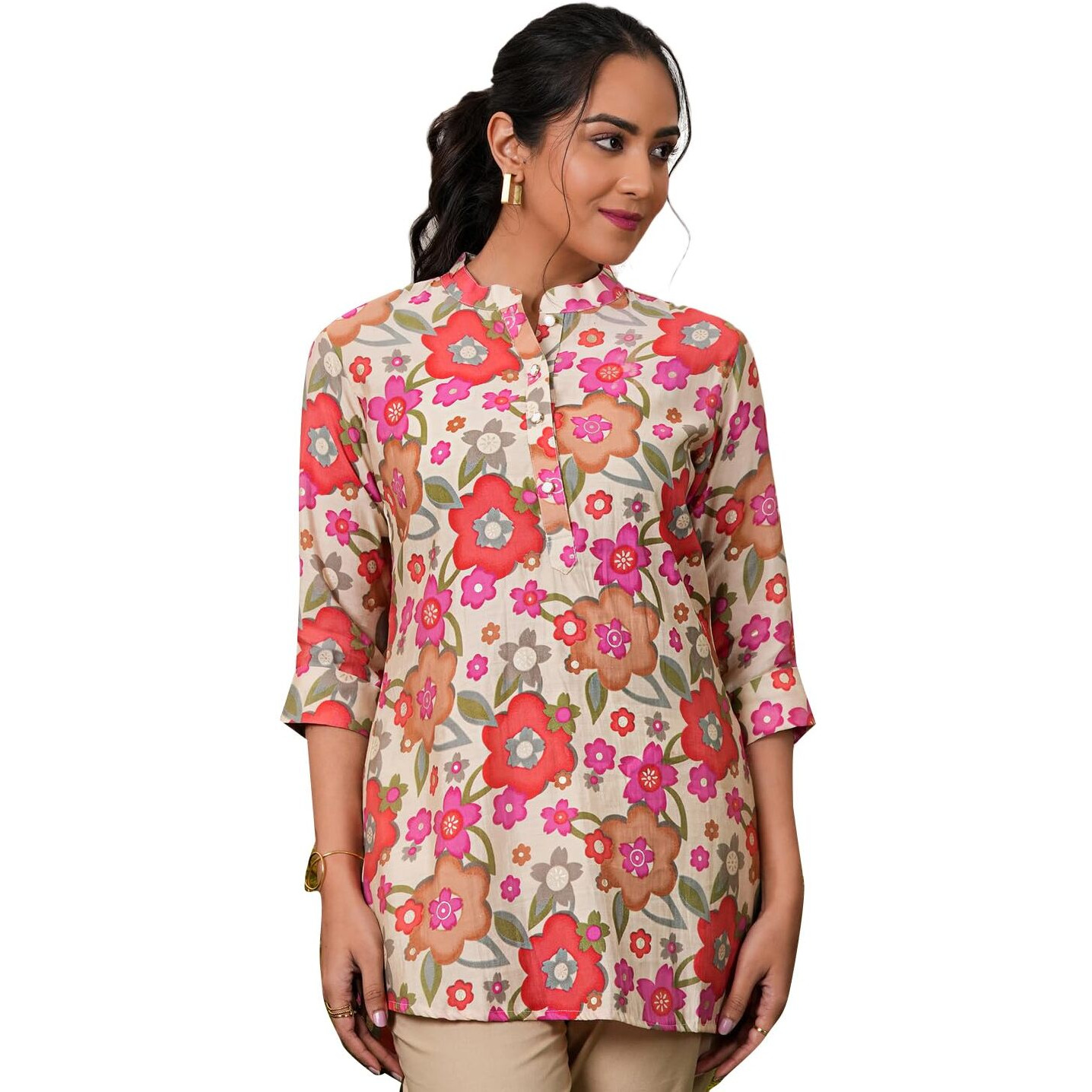 Libas Women's Printed A-Line Kurtis (37075_Cream