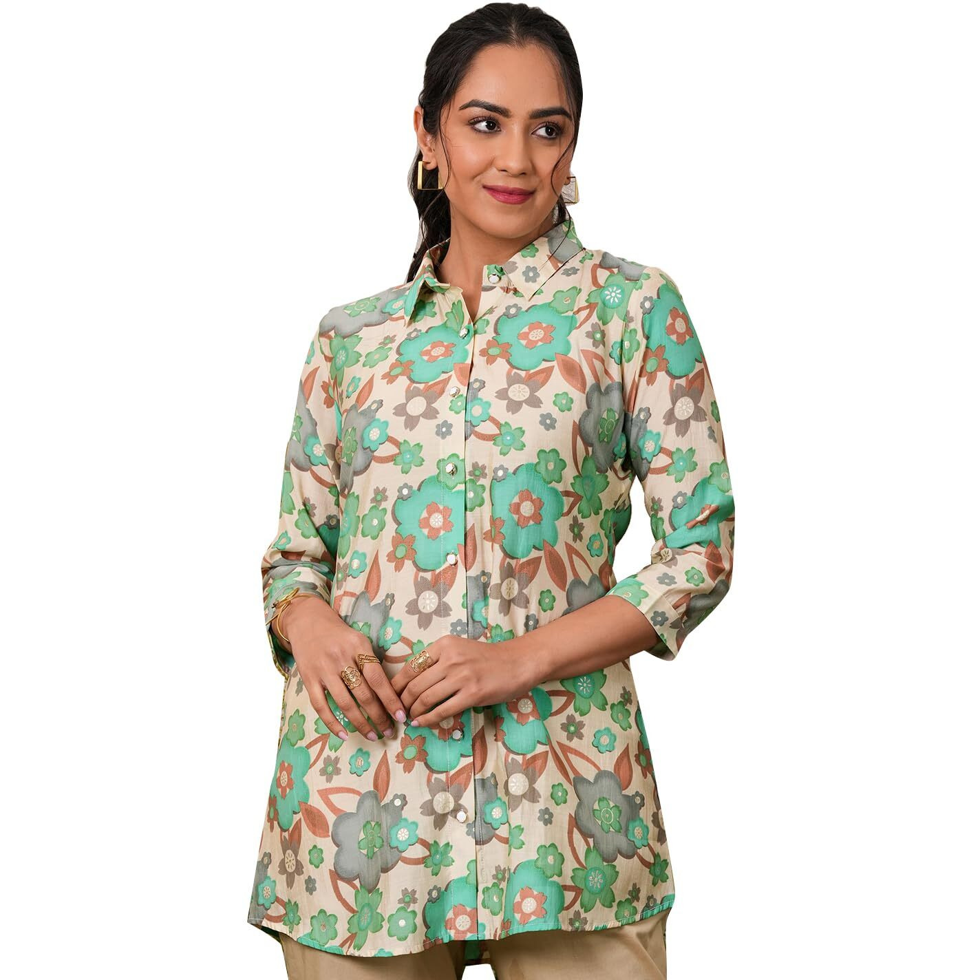 Libas Women's Printed A-Line Kurtis (37076_Cream