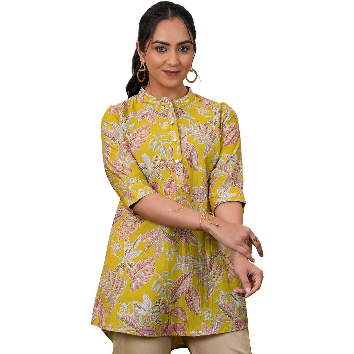 Libas Women's Silk Blend Printed A-Line Kurtis (37077_Yellow