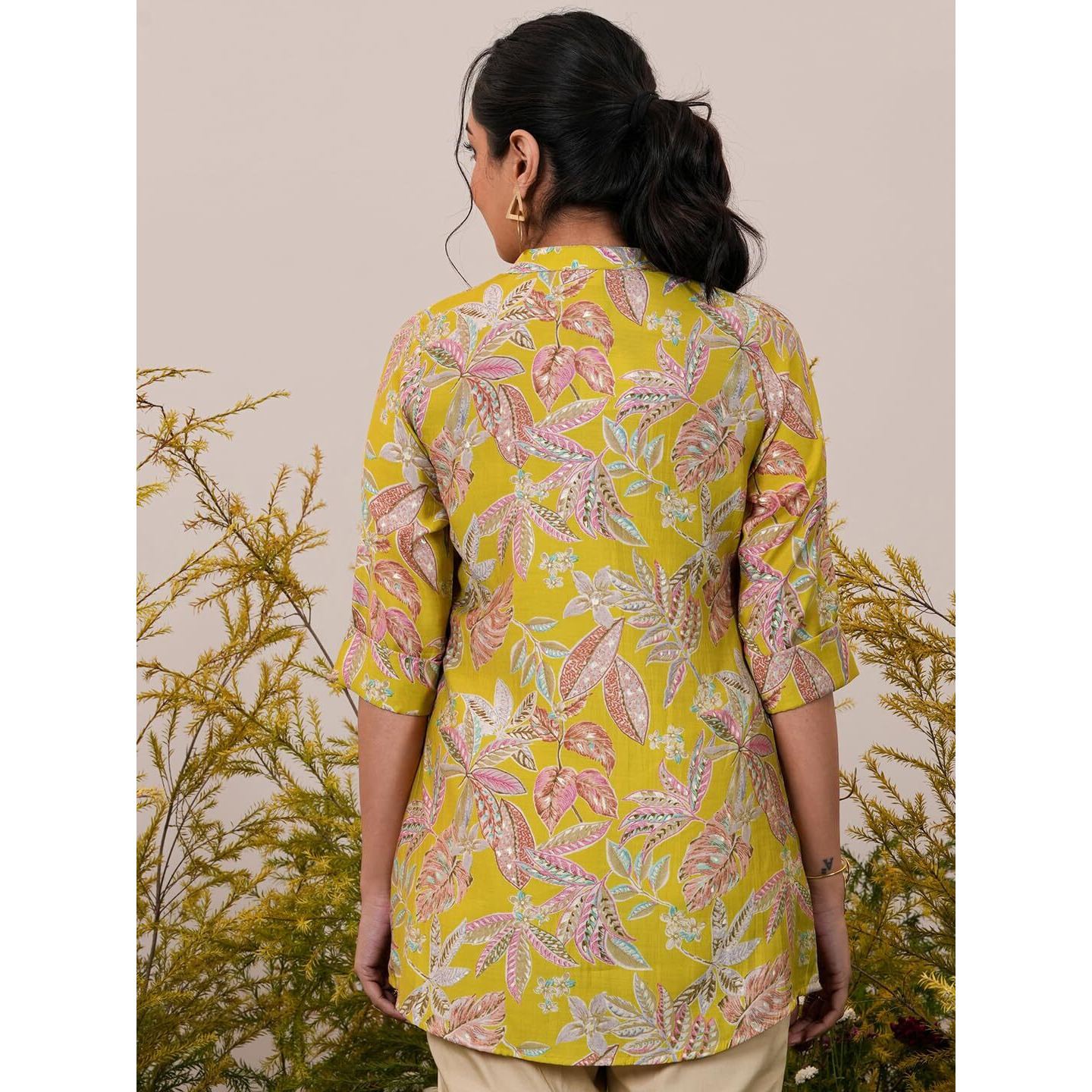 Libas Women's Silk Blend Printed A-Line Kurtis (37077_Yellow