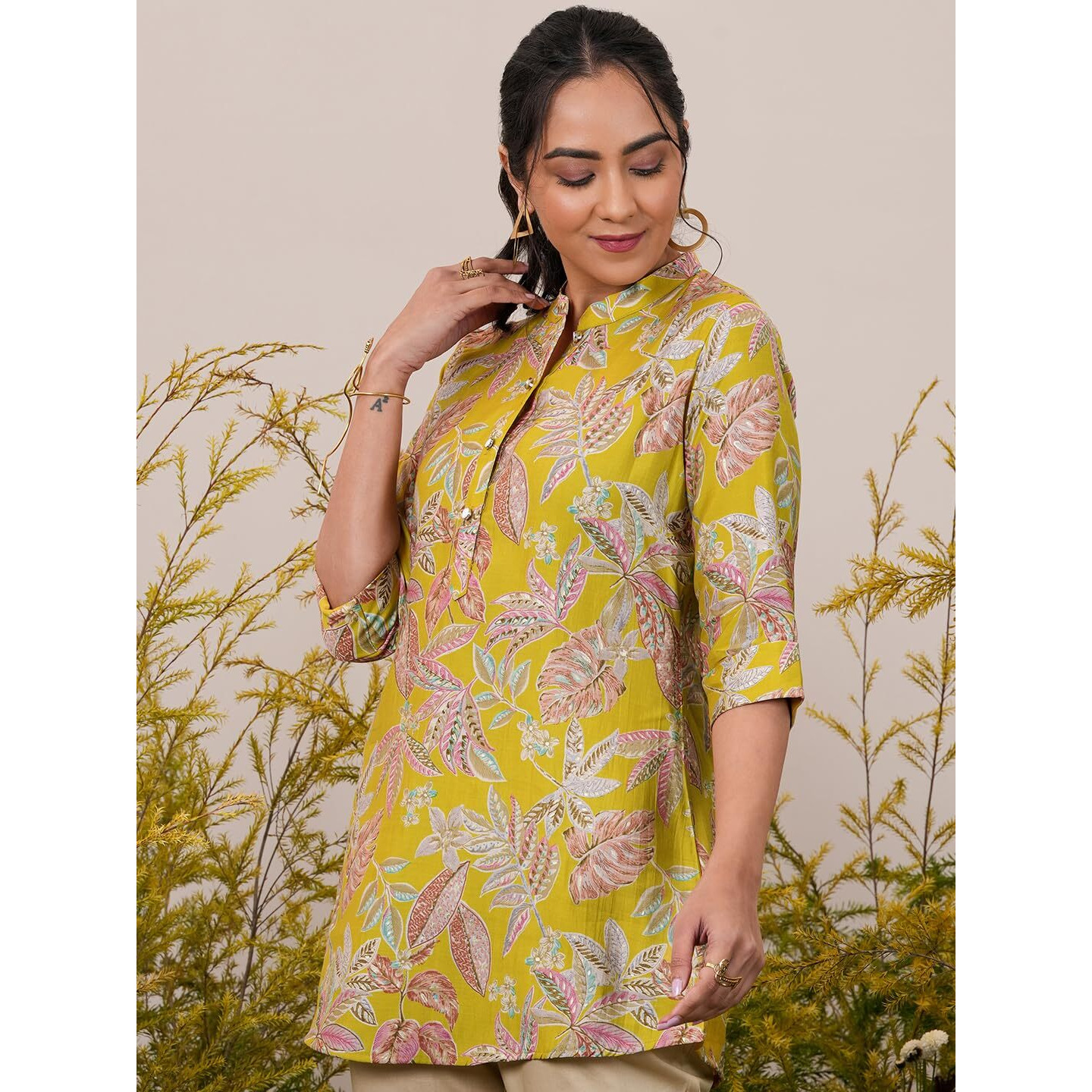 Libas Women's Silk Blend Printed A-Line Kurtis (37077_Yellow