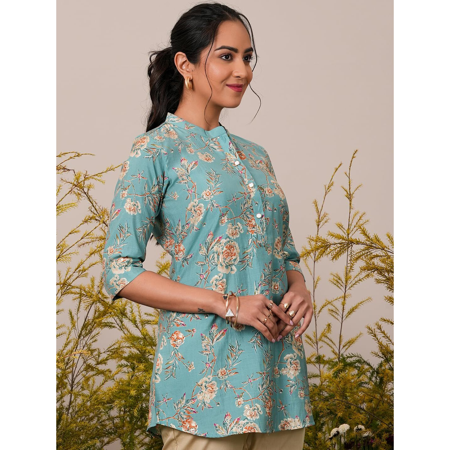 Libas Women's Silk Blend Printed A-Line Kurtis (37071_Blue