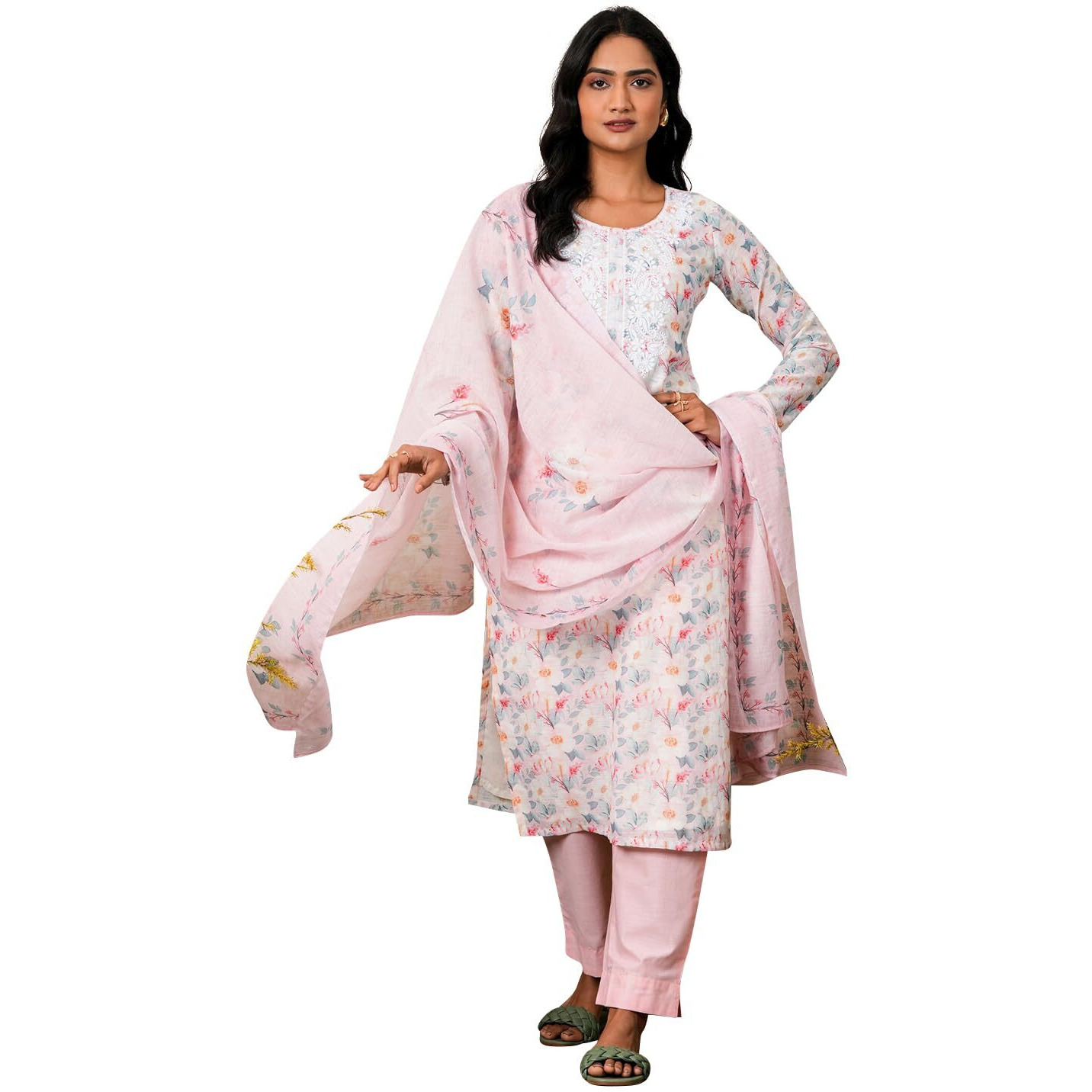 Libas Womens Printed Linen Straight Kurta With Trousers And Dupatta
