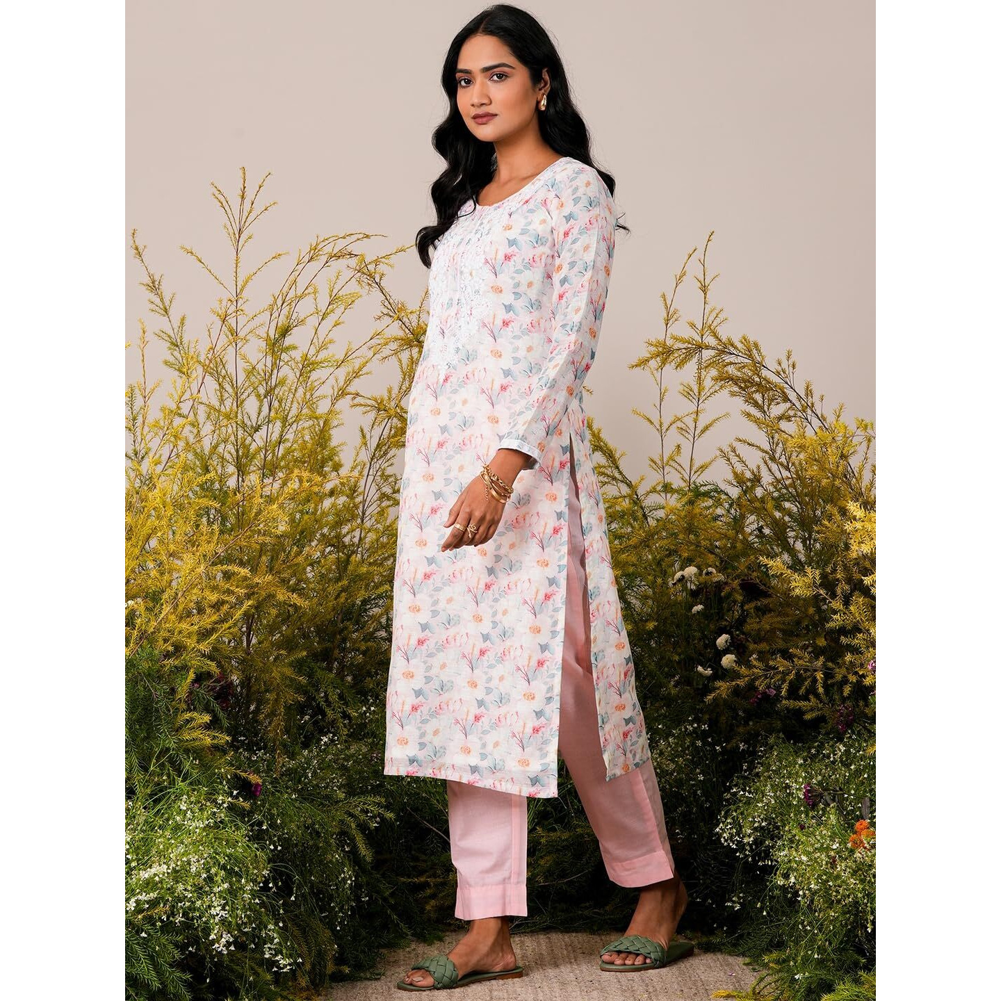 Libas Womens Printed Linen Straight Kurta With Trousers And Dupatta