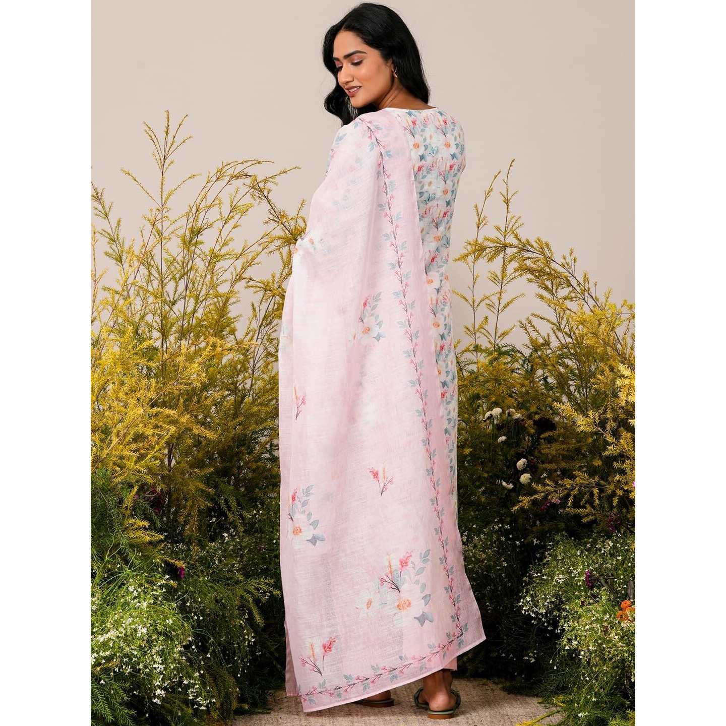 Libas Womens Printed Linen Straight Kurta With Trousers And Dupatta