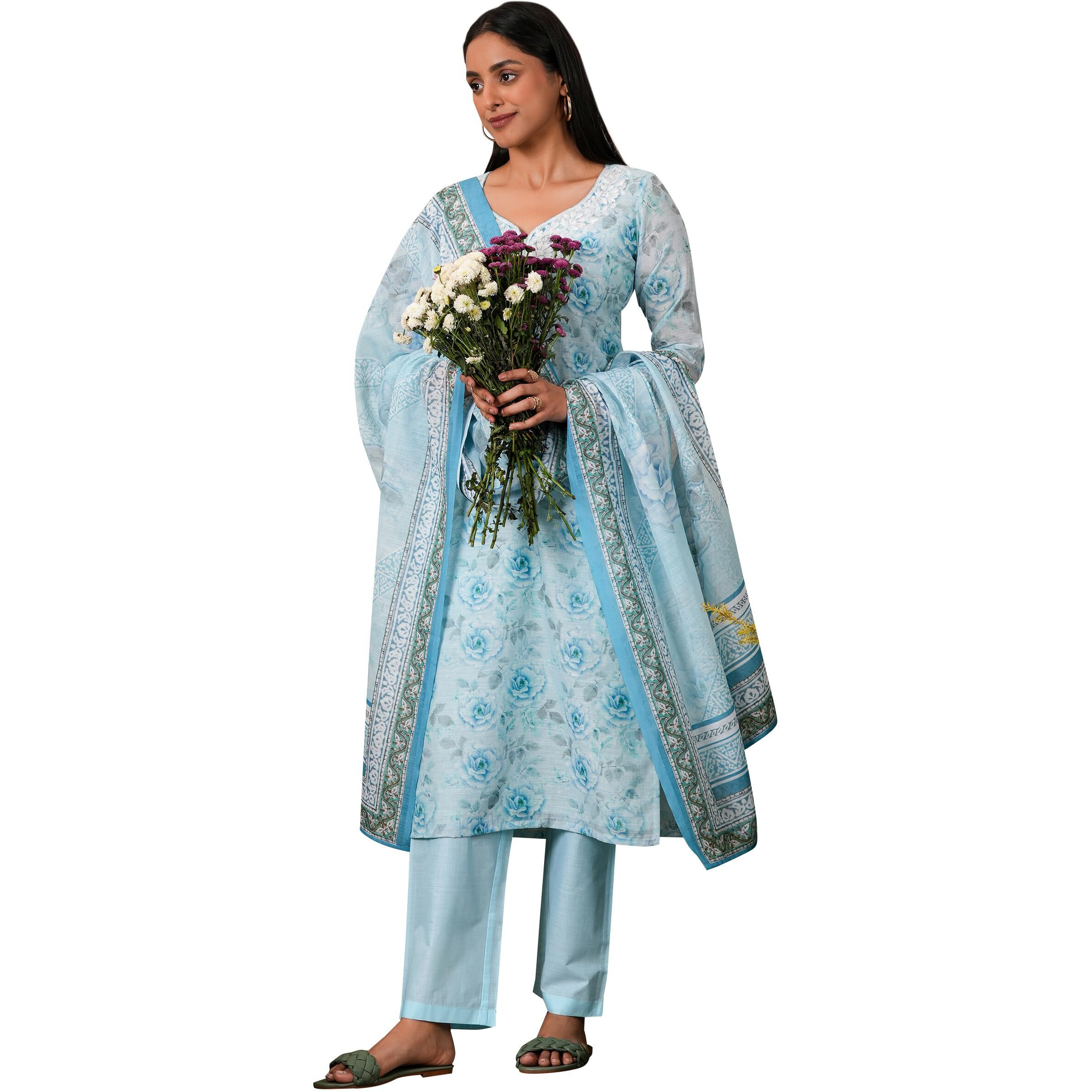 Libas Womens Printed Linen Straight Kurta With Trousers And Dupatta