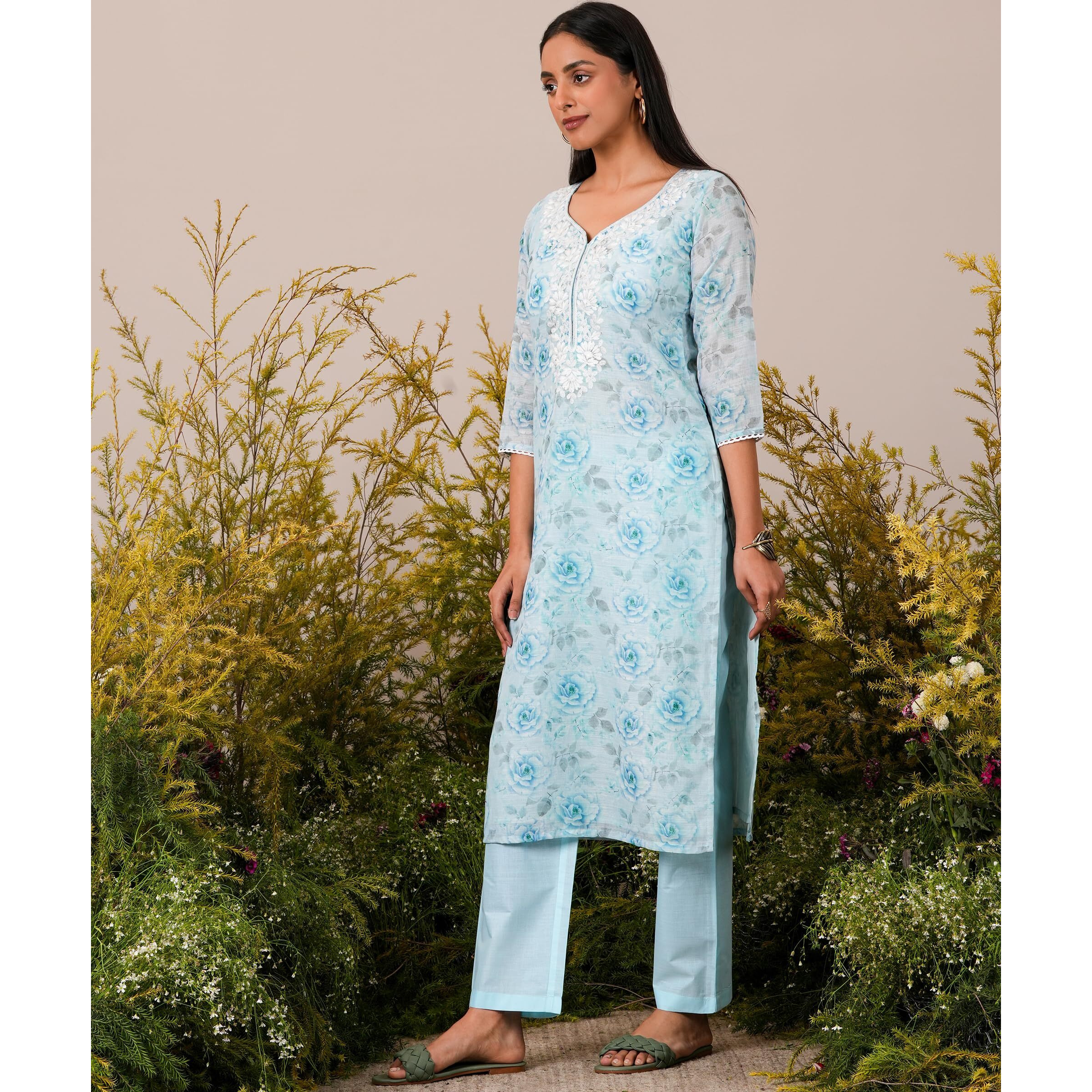 Libas Womens Printed Linen Straight Kurta With Trousers And Dupatta
