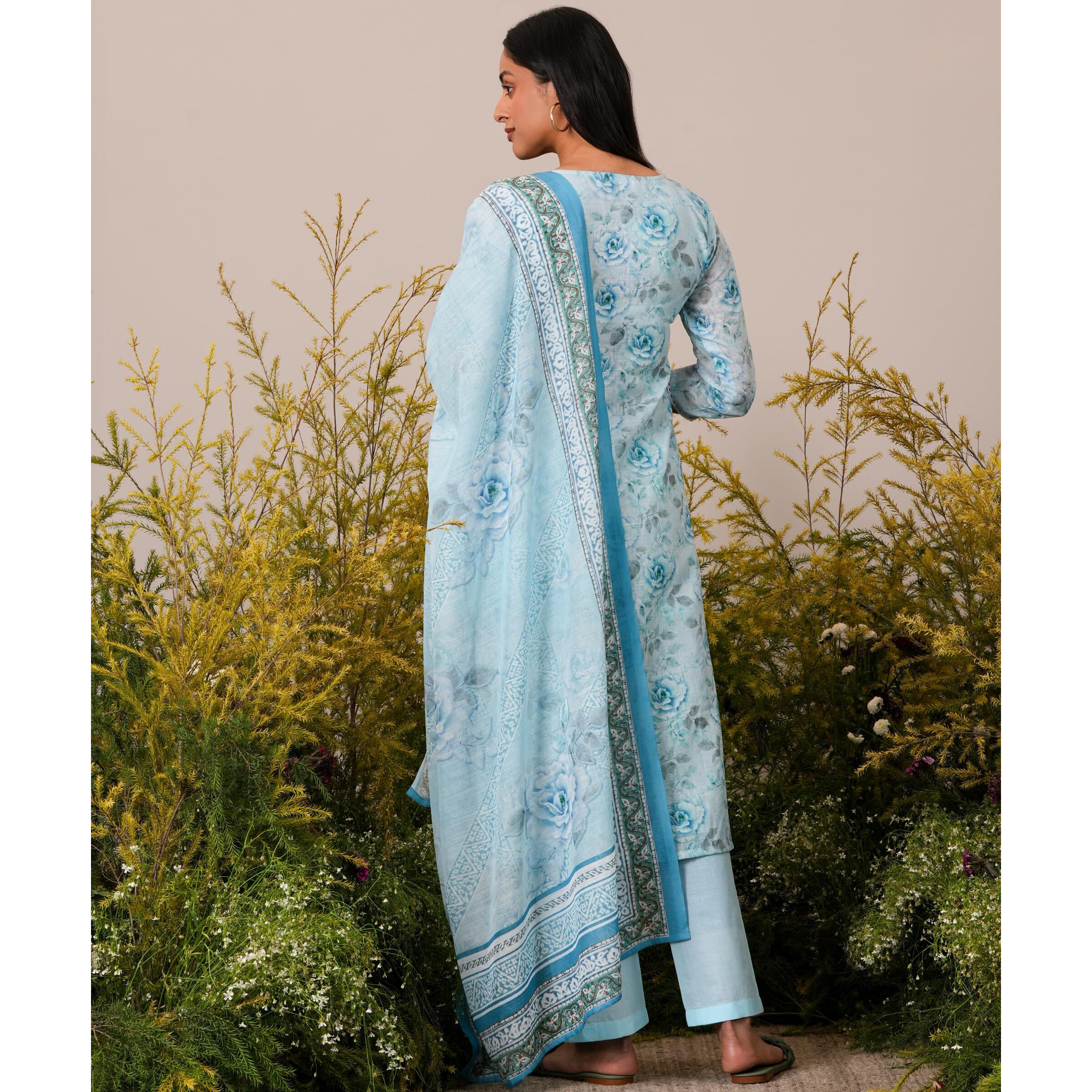 Libas Womens Printed Linen Straight Kurta With Trousers And Dupatta