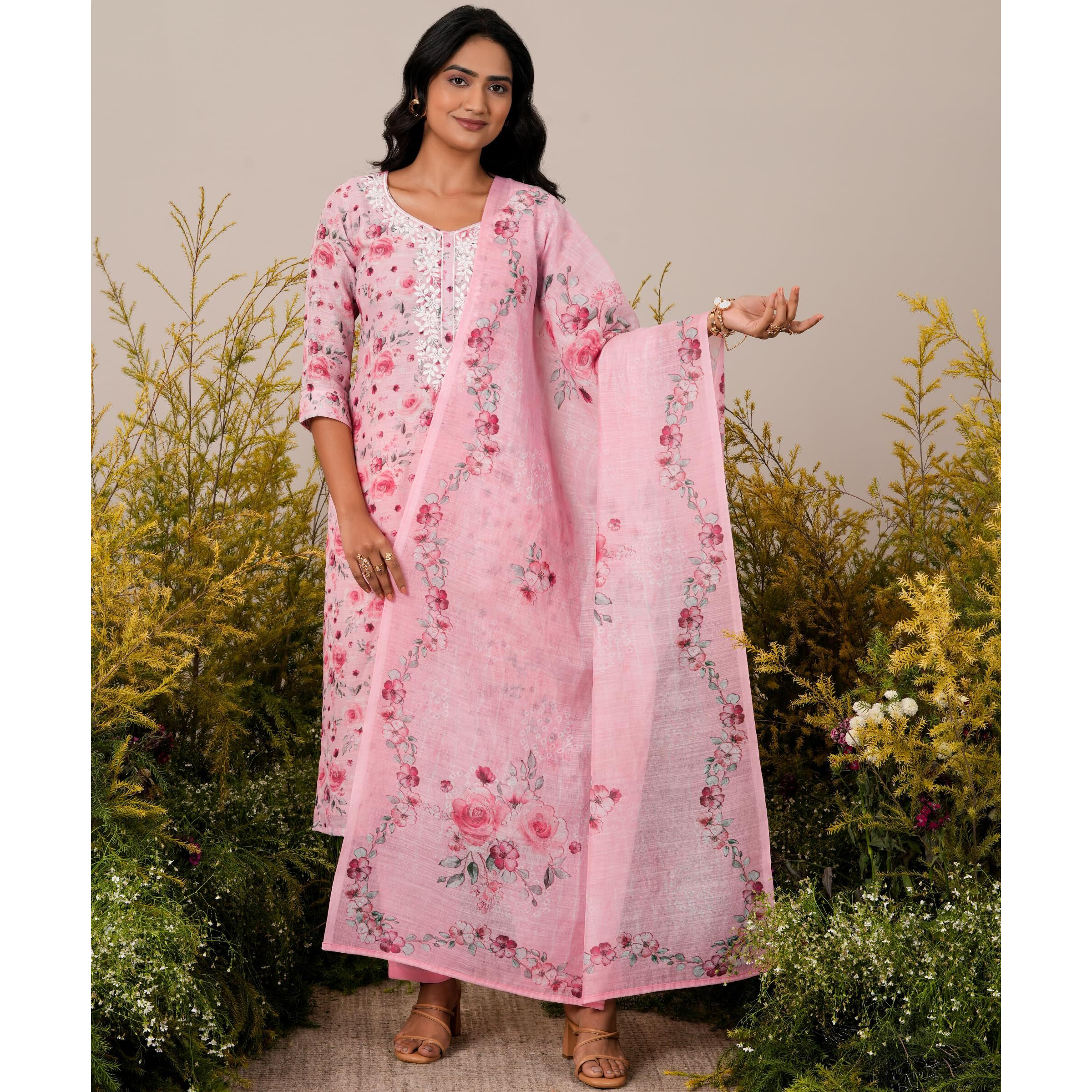 Libas Women's Linen Kurta Set (27257_Pink