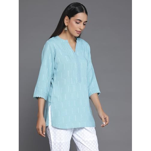 Libas Women's Cotton Blend Woven Design Regular Kurti (26897 Blue