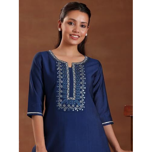 Libas Women's Silk Blend Straight Kurta (26888_Blue