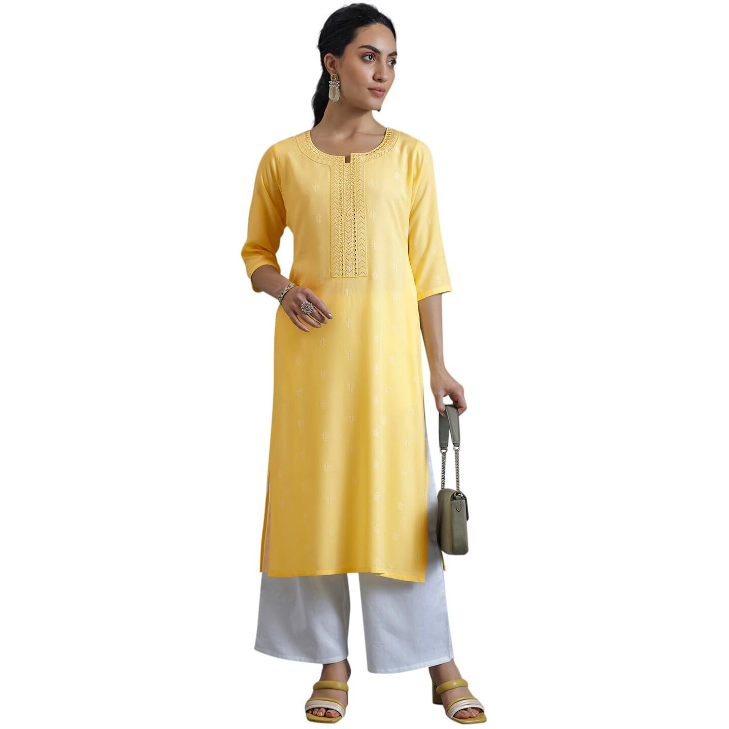 Libas Women's Cotton Woven Design Straight Kurta (26977_Yellow