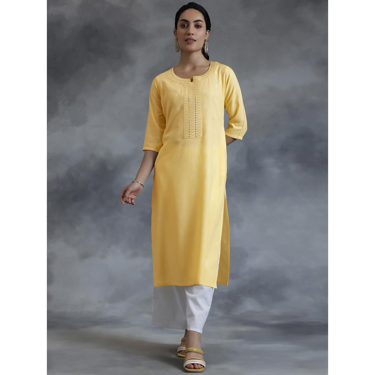 Libas Women's Cotton Woven Design Straight Kurta (26977_Yellow