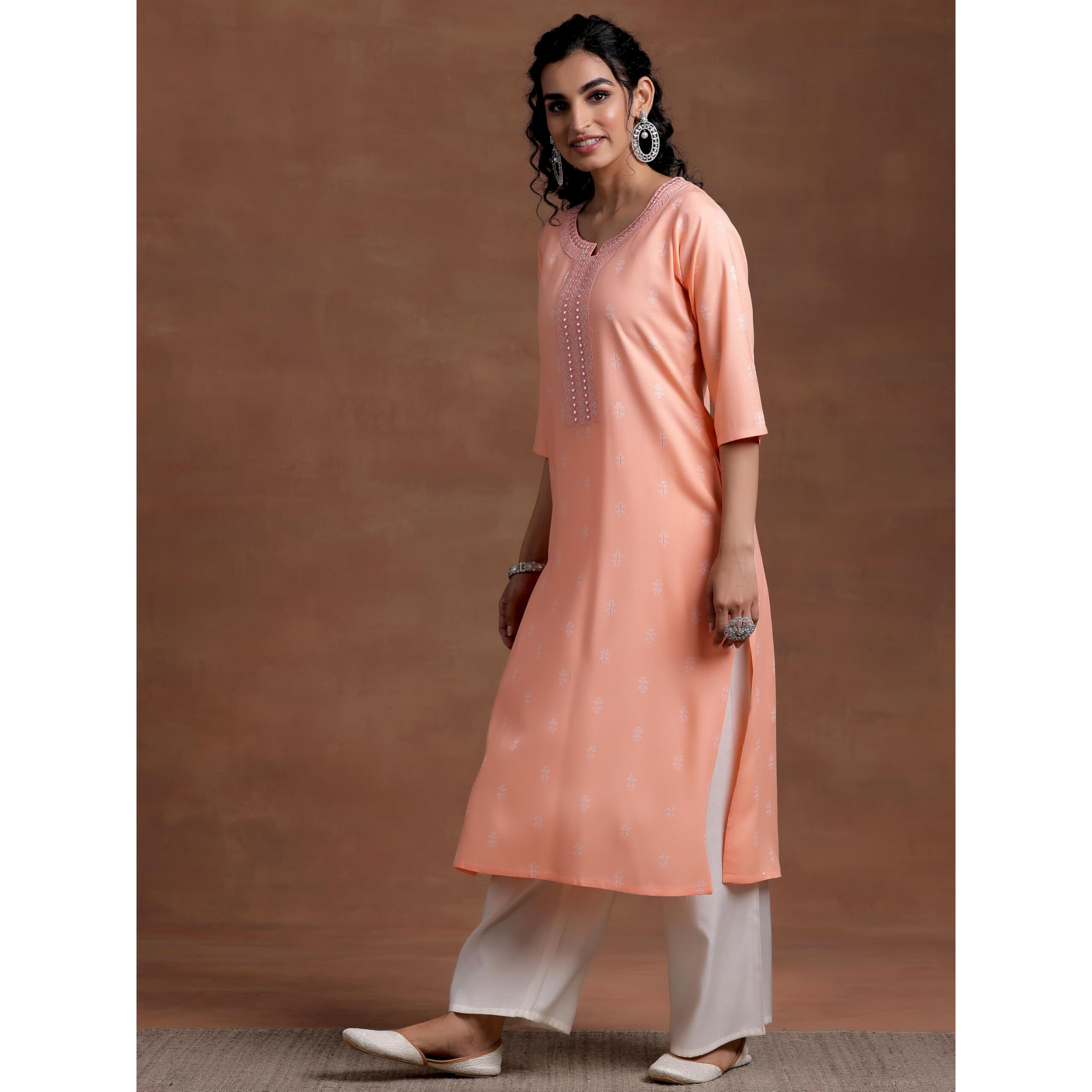 Libas Women's Cotton Woven Design Straight Kurta (26978_Peach