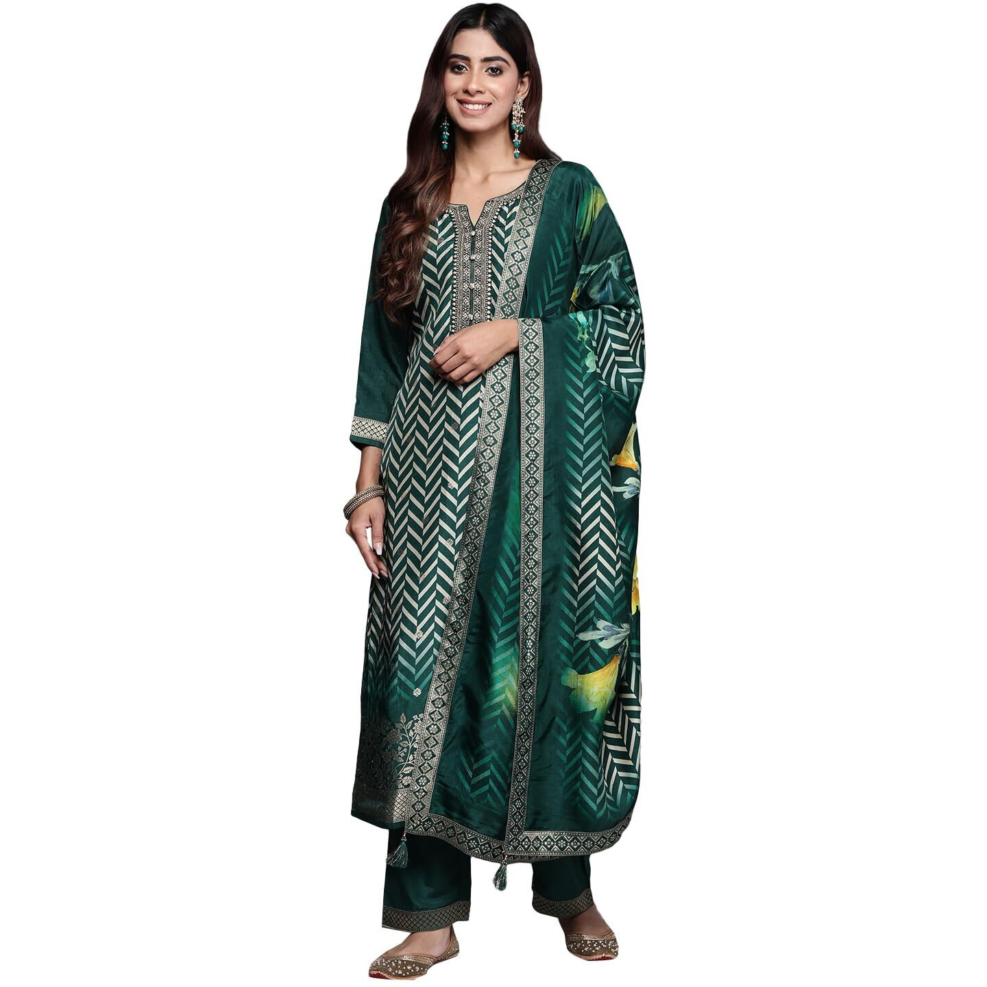 Libas Womens Printed Silk Blend Straight Kurta With Palazzos And Dupatta