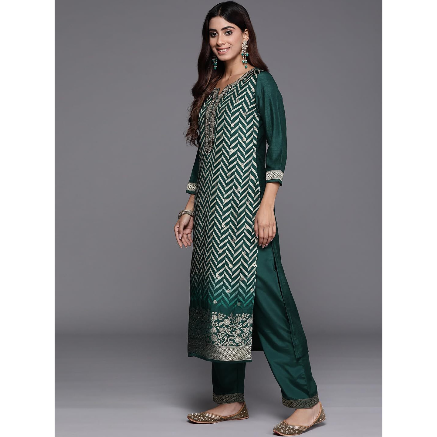 Libas Womens Printed Silk Blend Straight Kurta With Palazzos And Dupatta