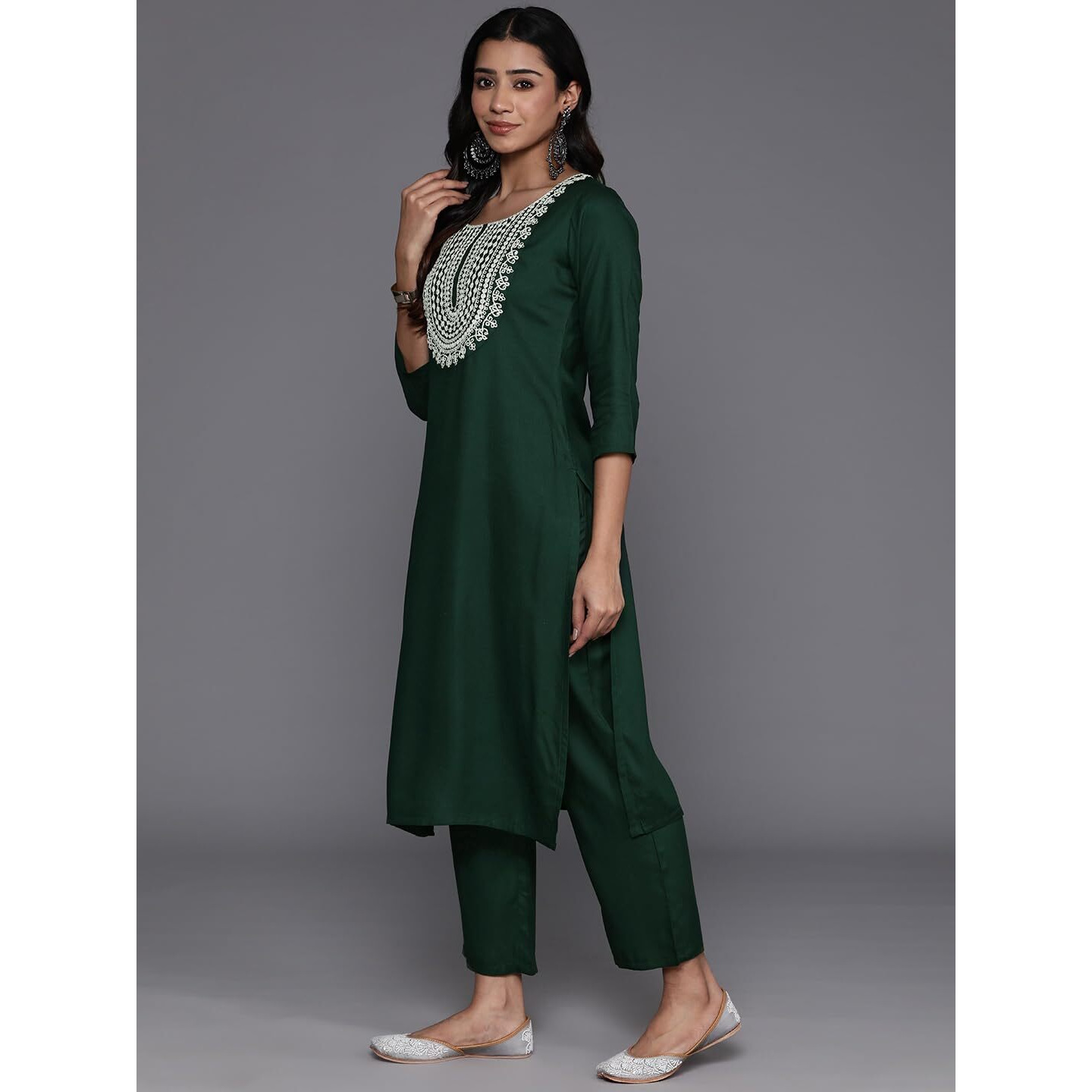 Libas Womens Yoke Design Wool Straight Kurta With Trousers