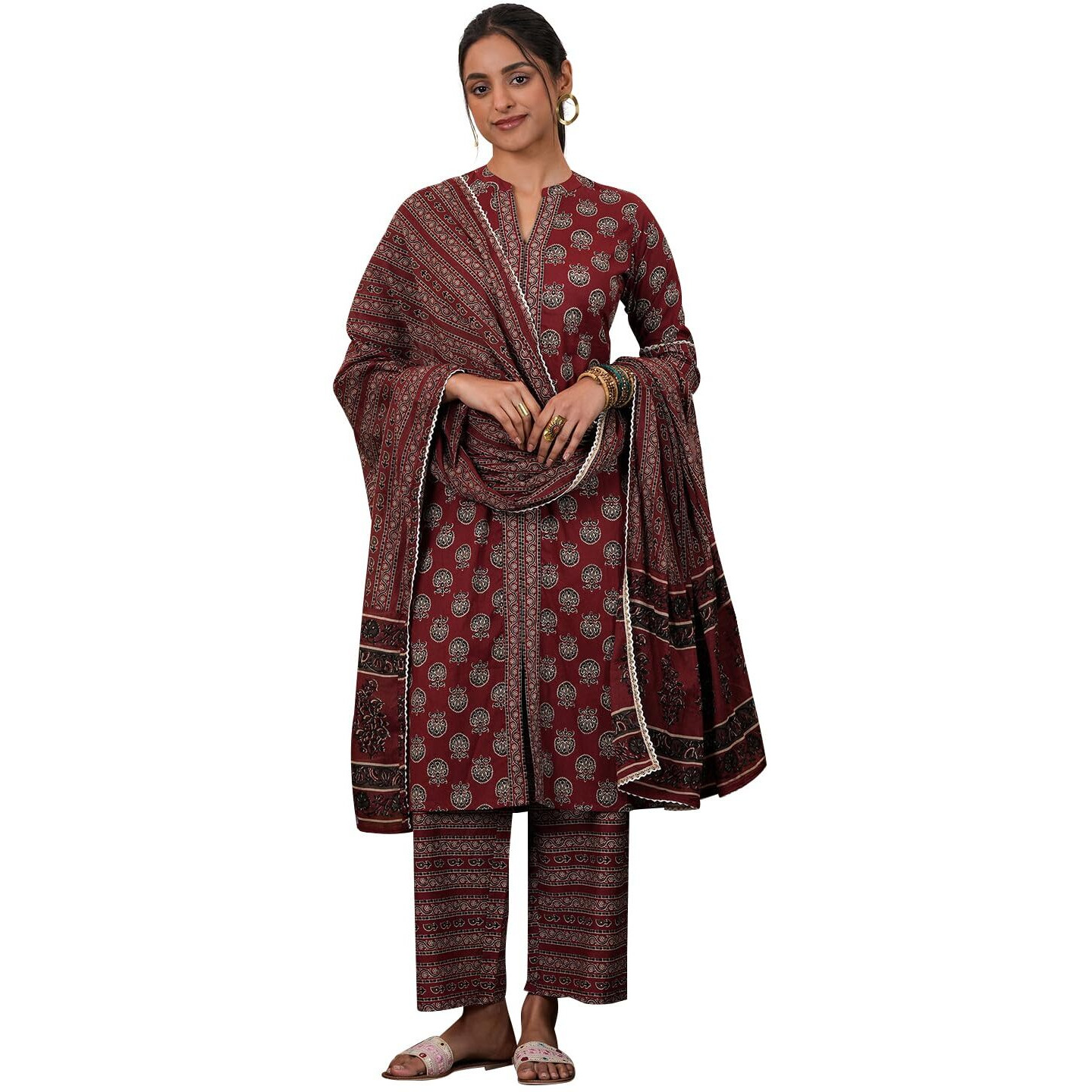 Libas Womens Printed Cotton Straight Kurta With Palazzos And Dupatta