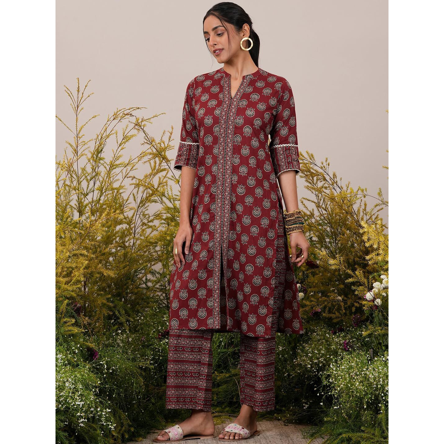 Libas Womens Printed Cotton Straight Kurta With Palazzos And Dupatta