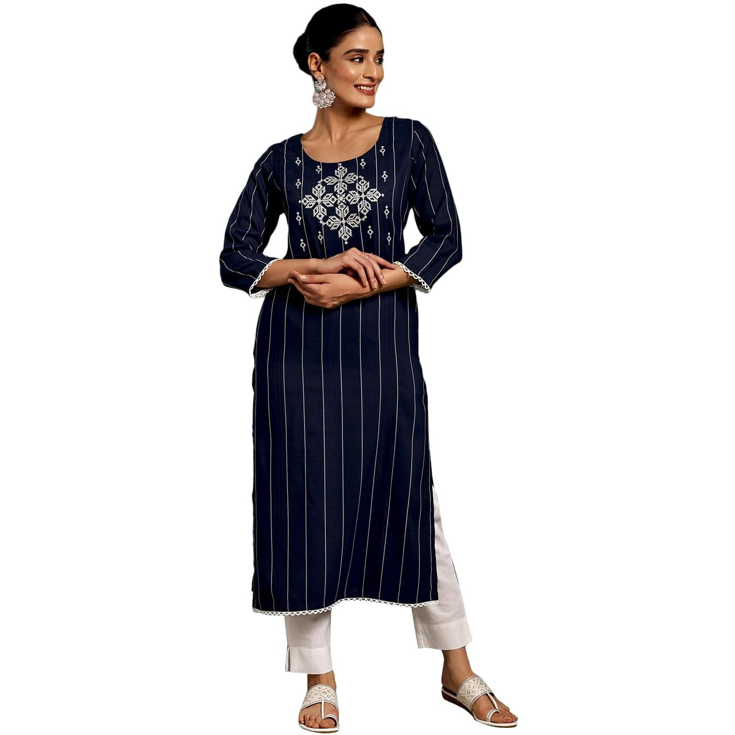 Libas Women's Silk Embroidered Straight Kurta (37094_Blue