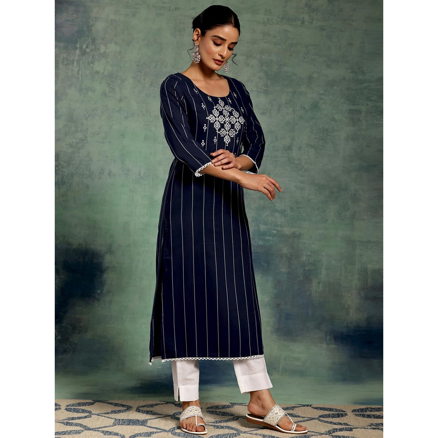 Libas Women's Silk Embroidered Straight Kurta (37094_Blue