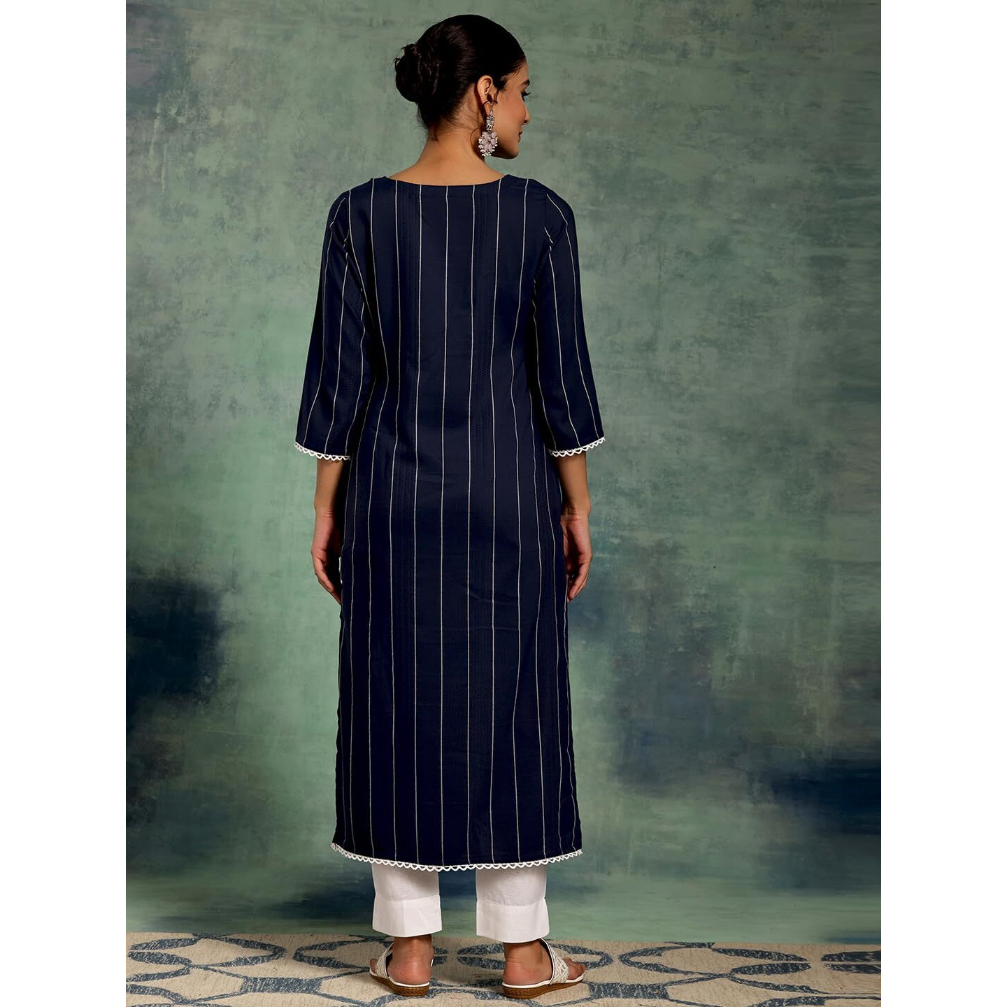 Libas Women's Silk Embroidered Straight Kurta (37094_Blue