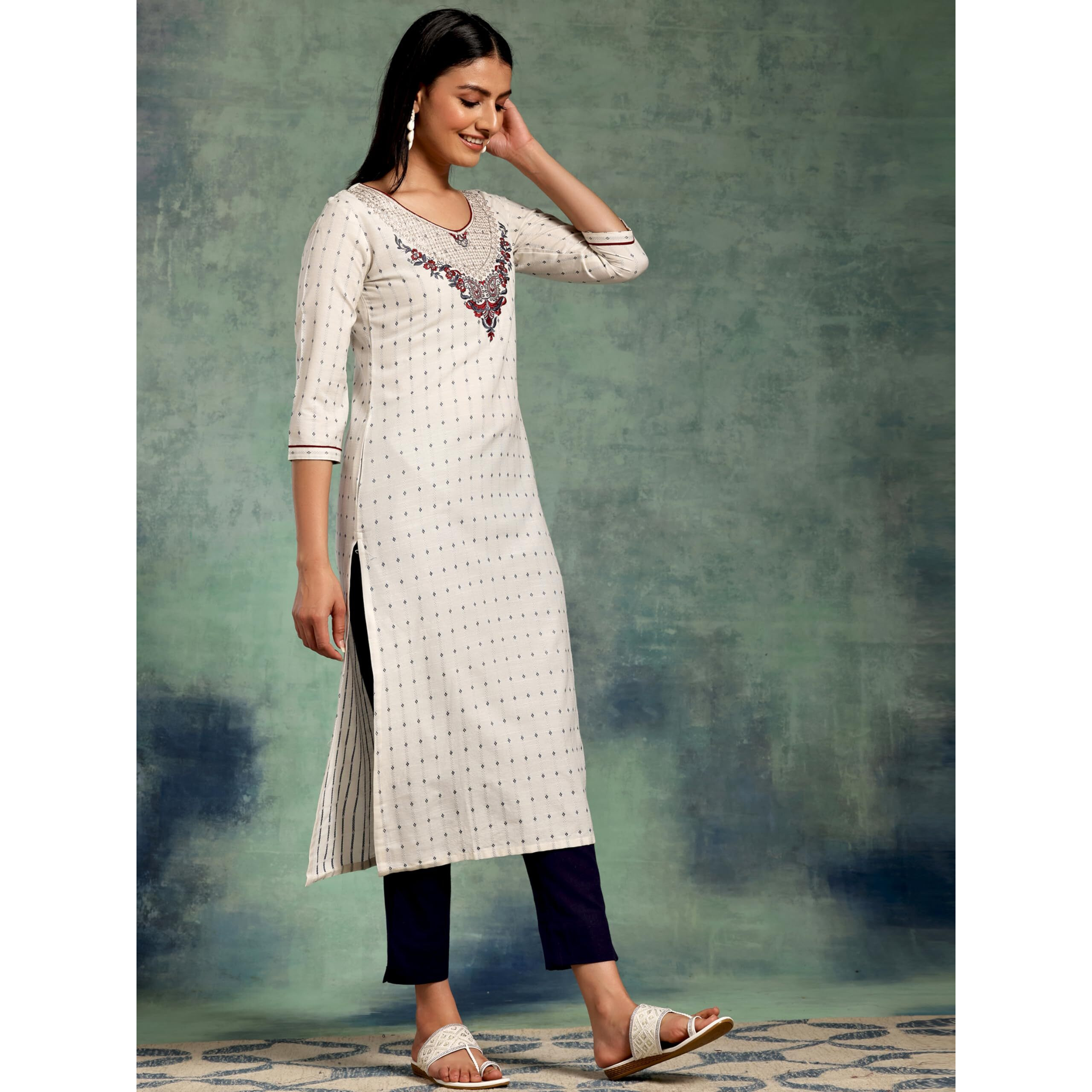 Libas Women's Cotton Yoke Design Straight Kurta (37096_Off White