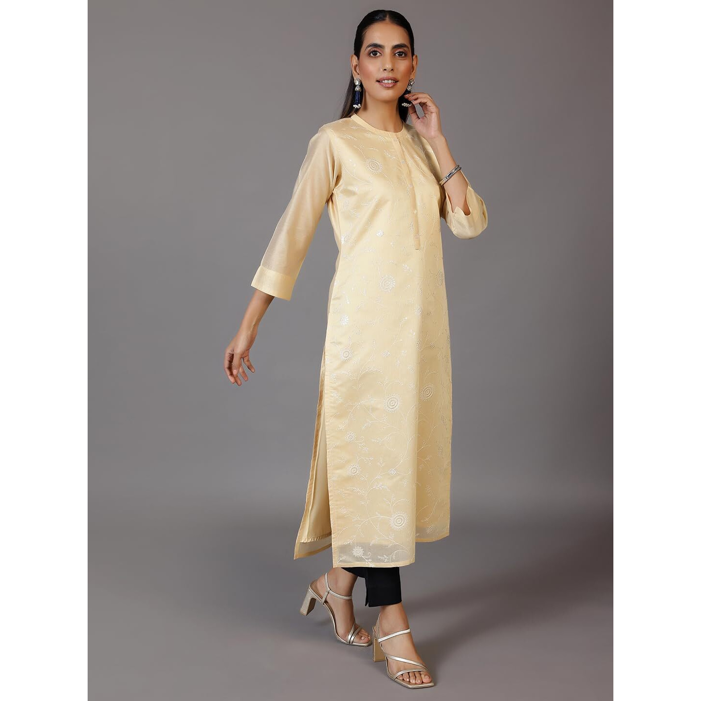 Libas Women's Silk Printed Straight Kurta (37102_Gold
