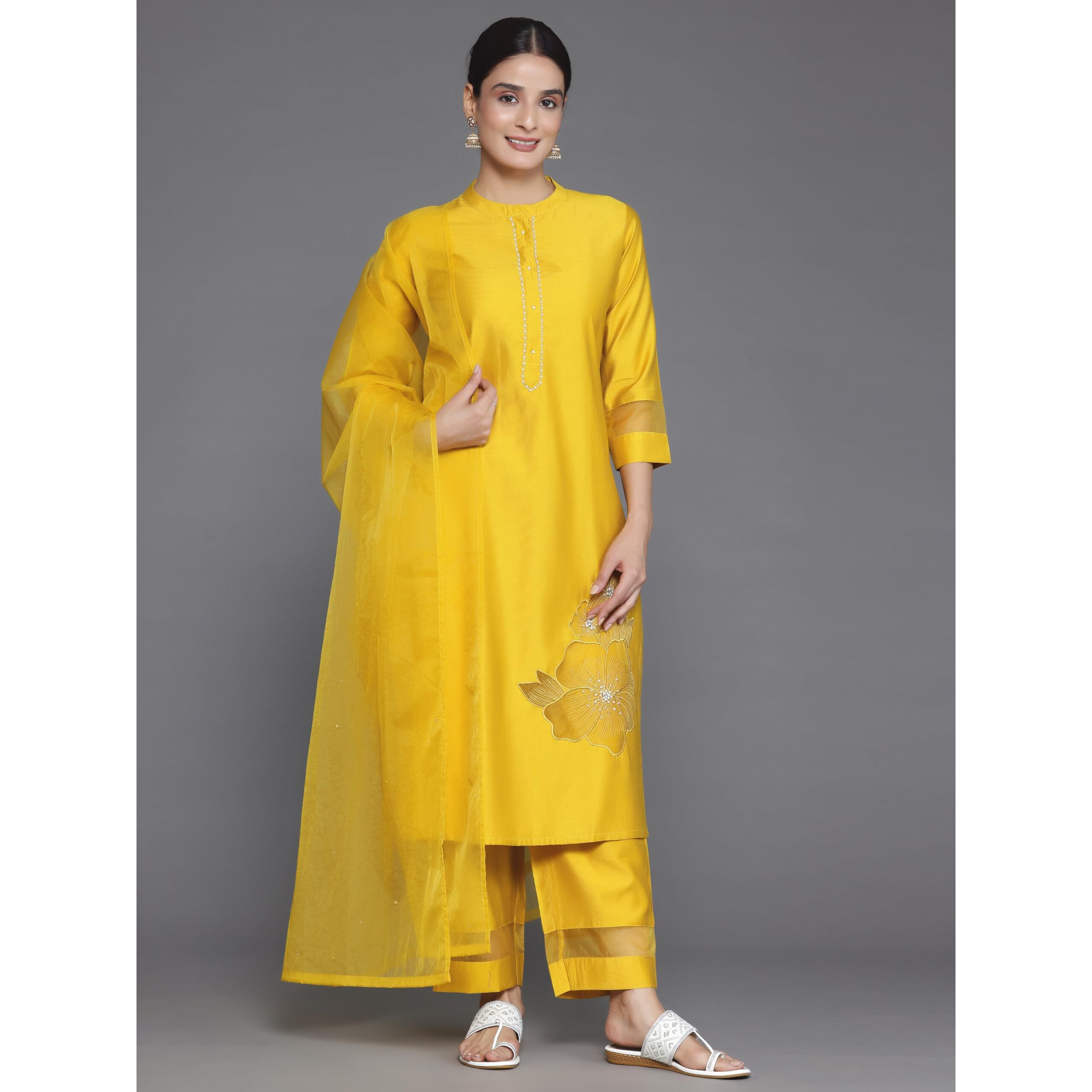 Libas Women's Silk Blend Kurta Set (27296_Yellow_S)