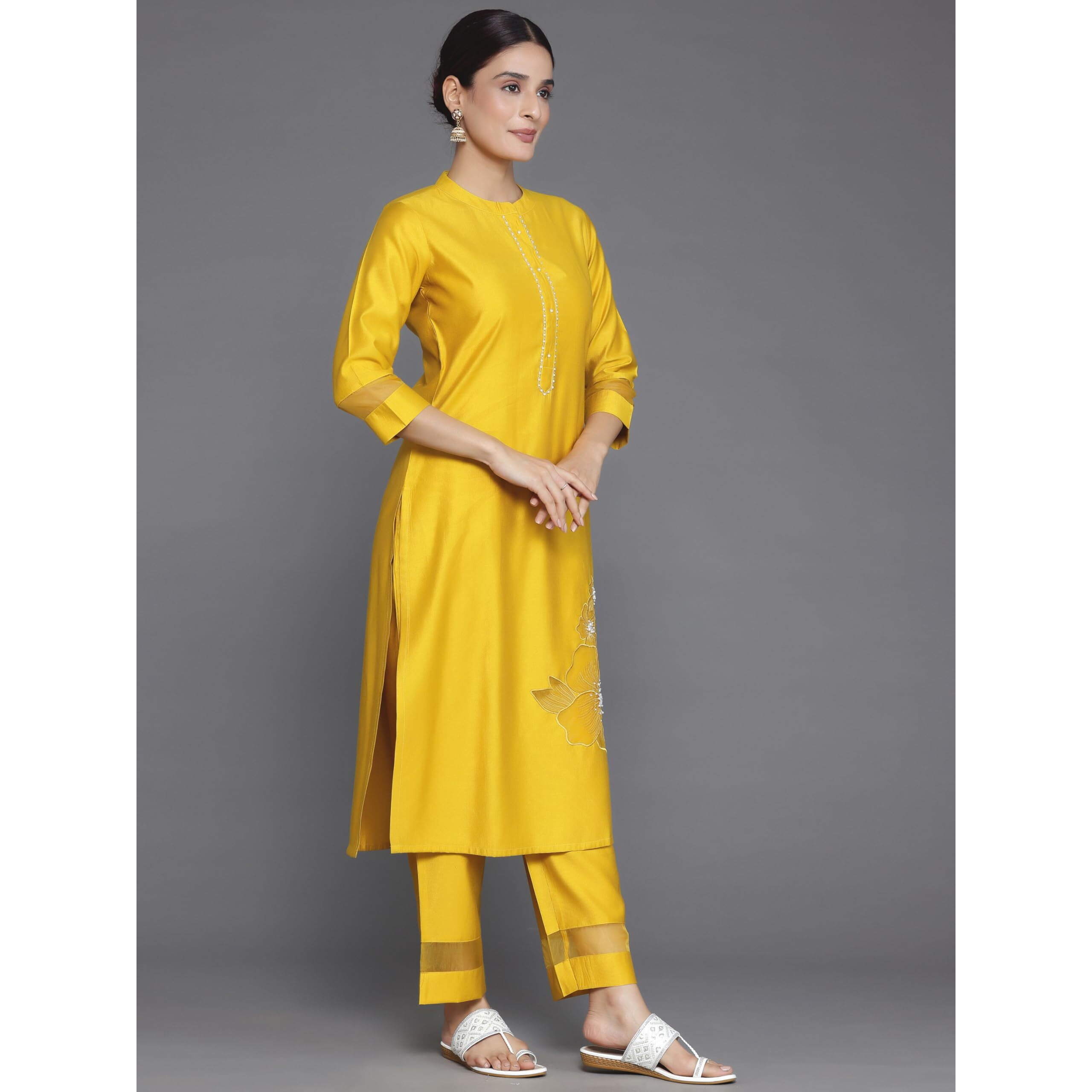 Libas Women's Silk Blend Kurta Set (27296_Yellow_S)