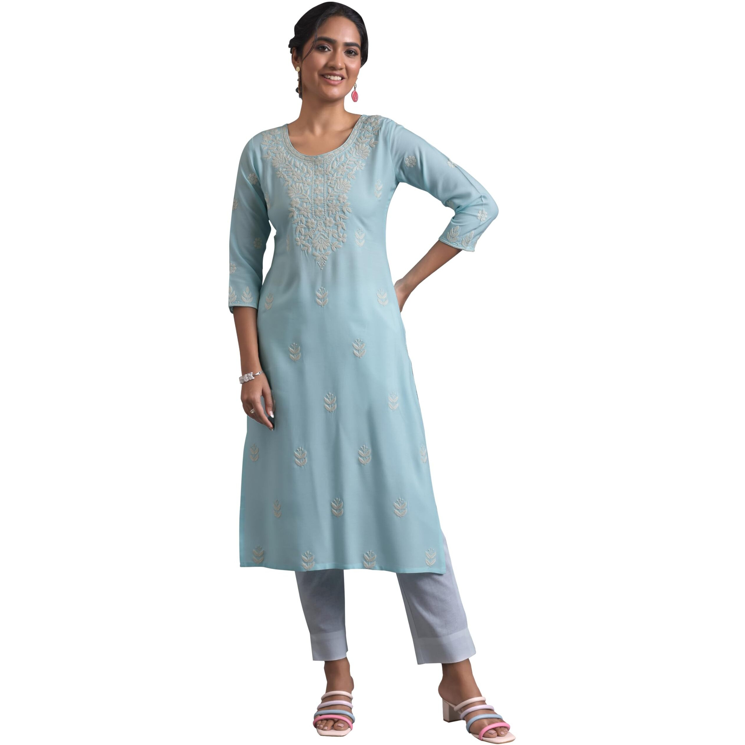 Libas Women's Viscose Rayon Ethnic Motifs Straight Kurta (37113 Blue