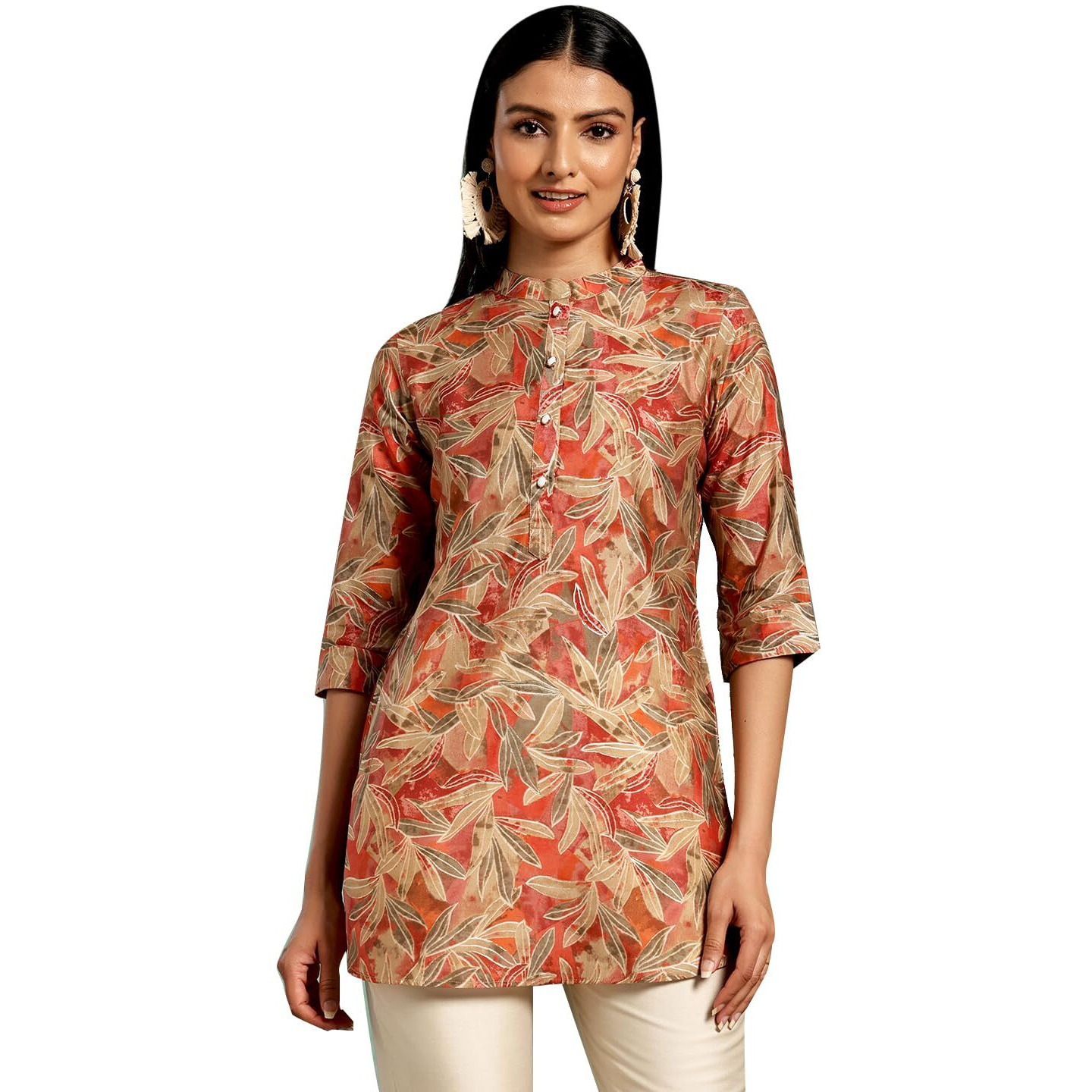 Libas Women's Silk Blend Printed Straight Kurtis (37109_Beige
