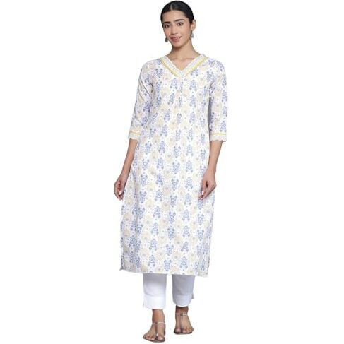 Libas Women's Cotton Printed Straight Kurta (37130_Off White