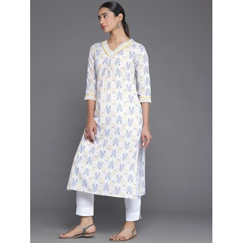 Libas Women's Cotton Printed Straight Kurta (37130_Off White