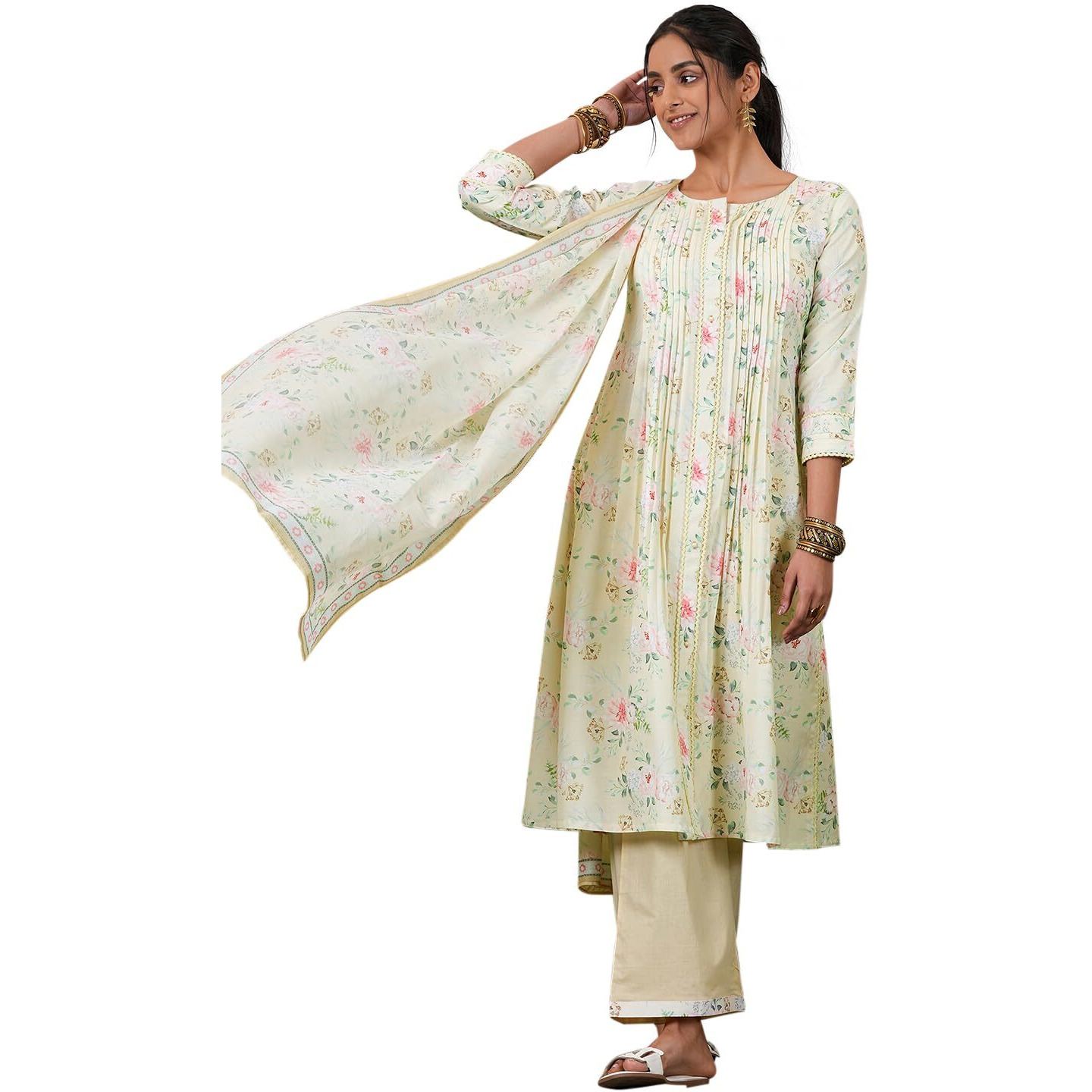 Libas Womens Printed Cotton Blend A-Line Kurta With Palazzos And Dupatta