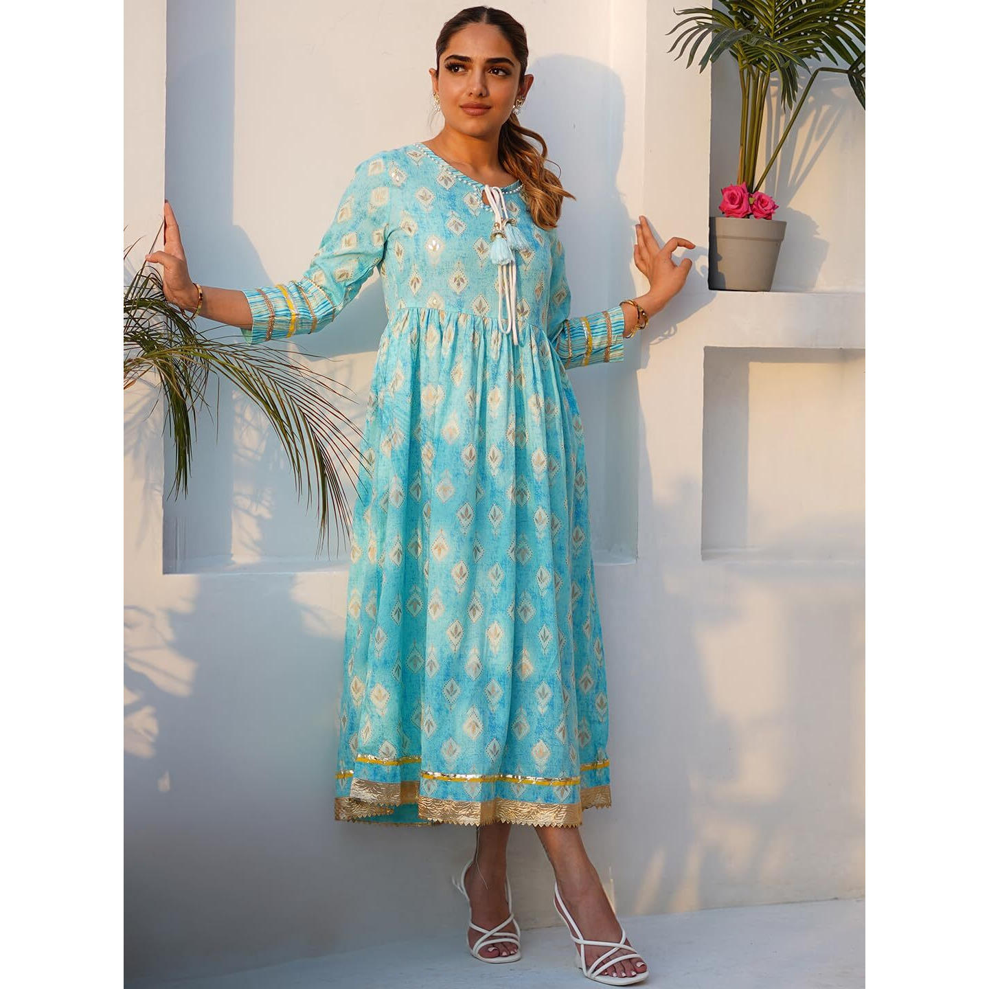 Libas Women's Cotton Fit And Flare Midi Dress (37139_Turquoise
