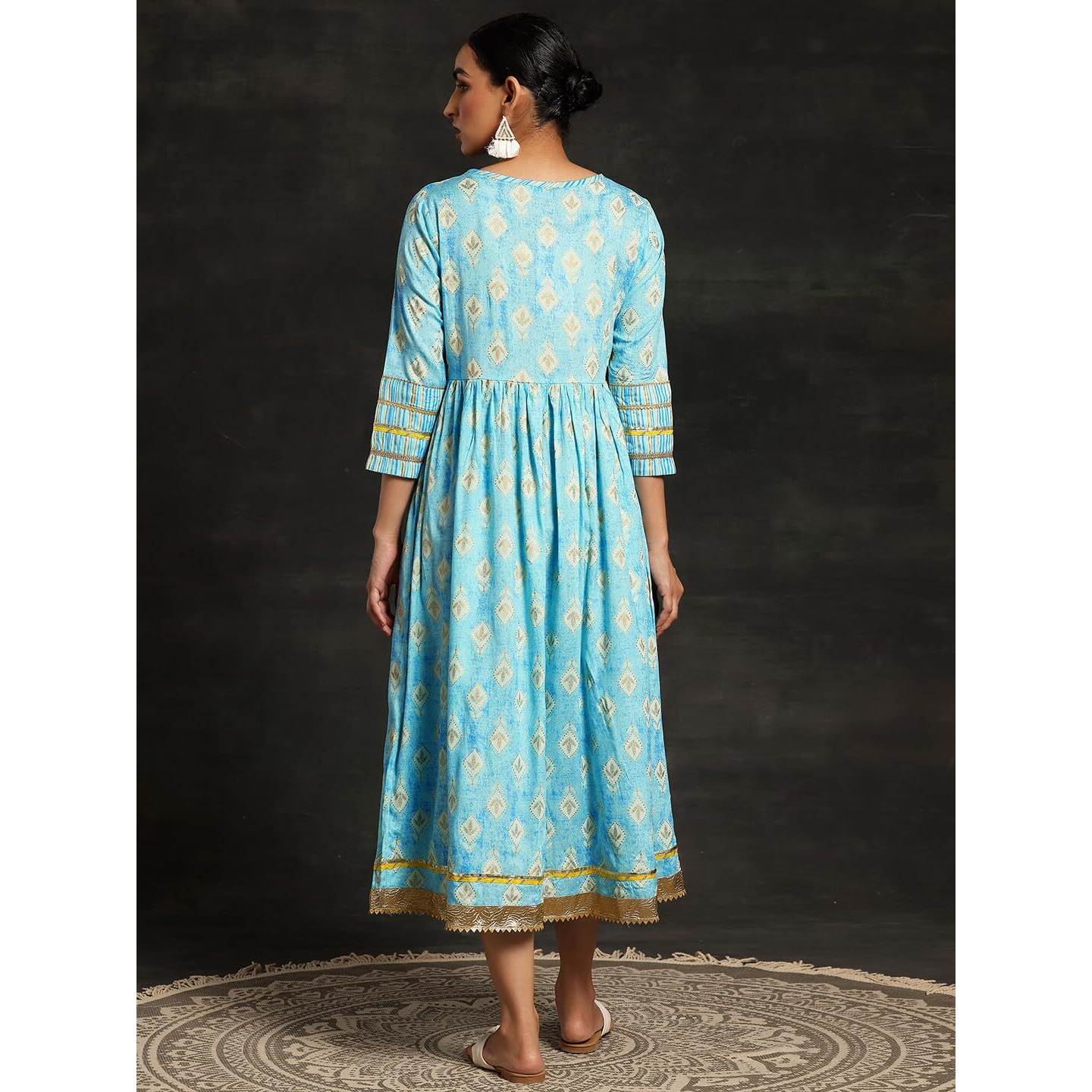 Libas Women's Cotton Fit And Flare Midi Dress (37139_Turquoise