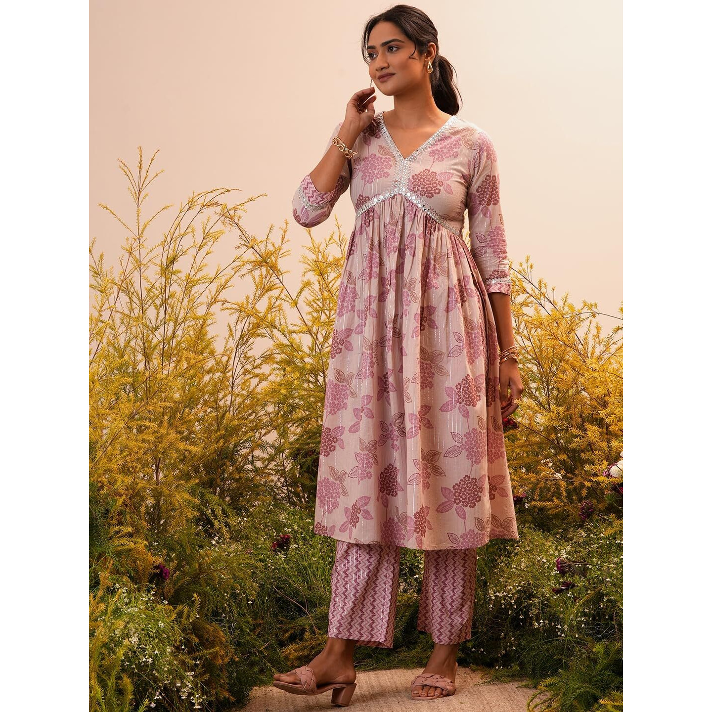 Libas Womens Printed Cotton A-Line Kurta With Trousers