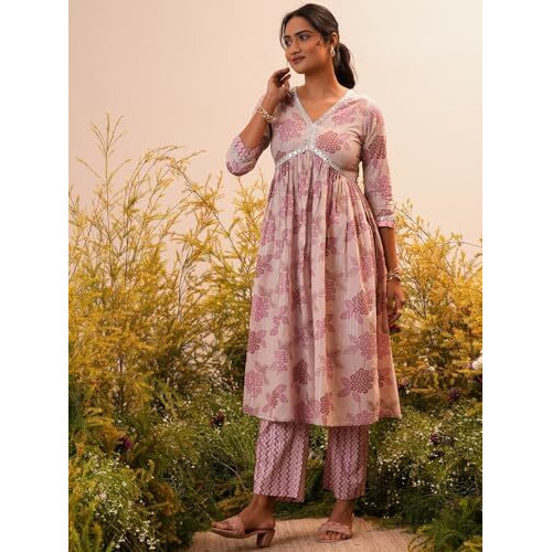 Libas Womens Printed Cotton A-Line Kurta With Trousers