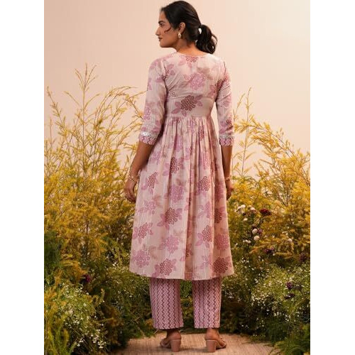 Libas Womens Printed Cotton A-Line Kurta With Trousers
