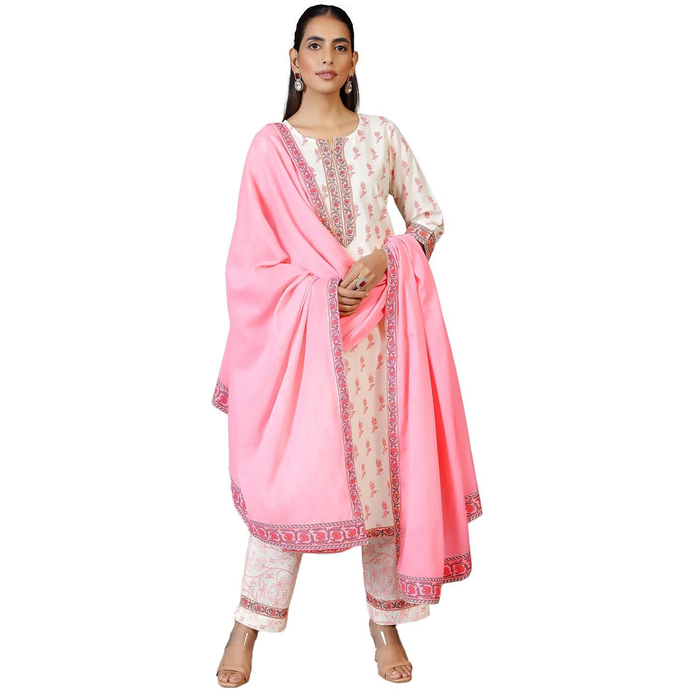 Libas Womens Printed Cotton Straight Kurta With Trousers And Dupatta