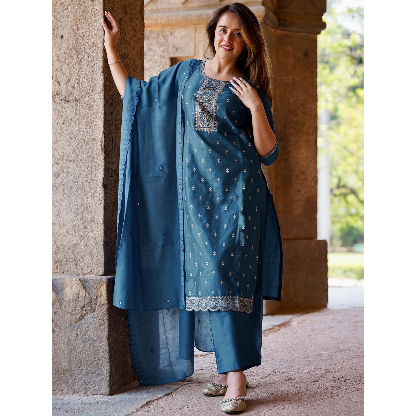 Libas Gerua Womens Embroidered Silk Blend Straight Kurta With Trousers And Dupatta