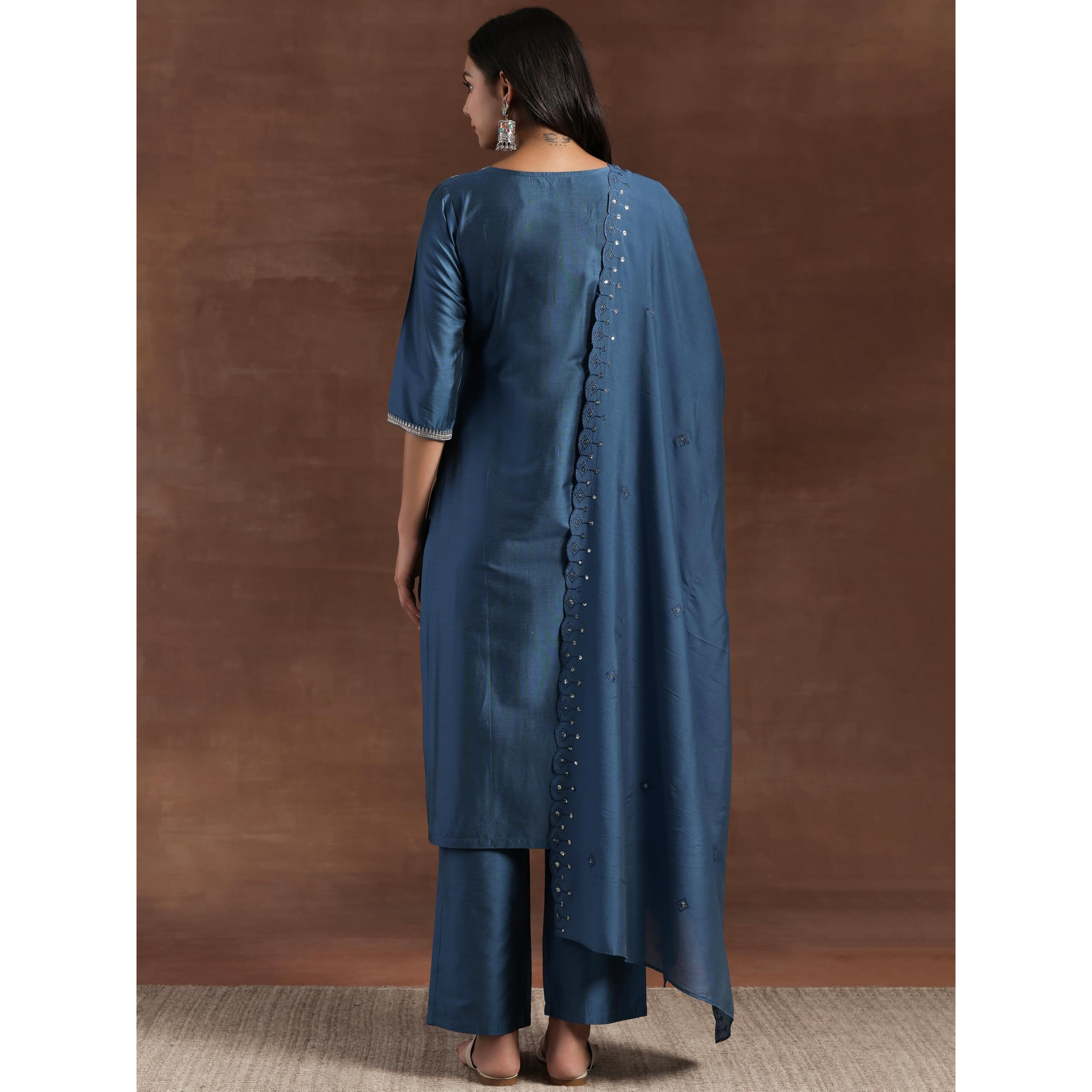 Libas Gerua Womens Embroidered Silk Blend Straight Kurta With Trousers And Dupatta