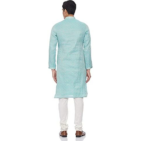 Manyavar Self Design Jacquard Knee Long Full Sleeves Kurta And Churidar Set For Men - (Blue, Xx-Large)